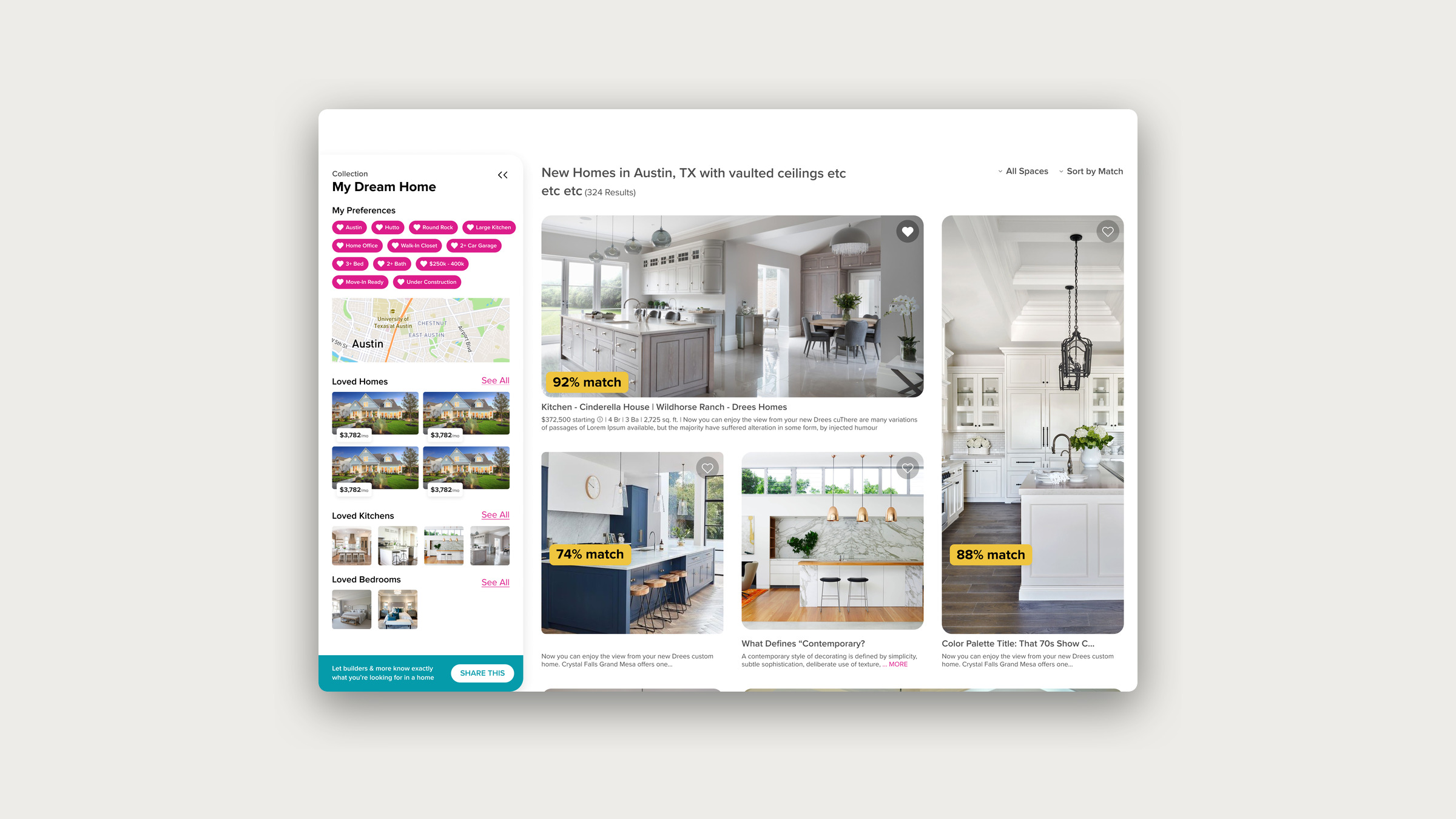 The HomLuv Explore feed: a preferences sidebar and a grid of kitchen photos, each with a match percentage.