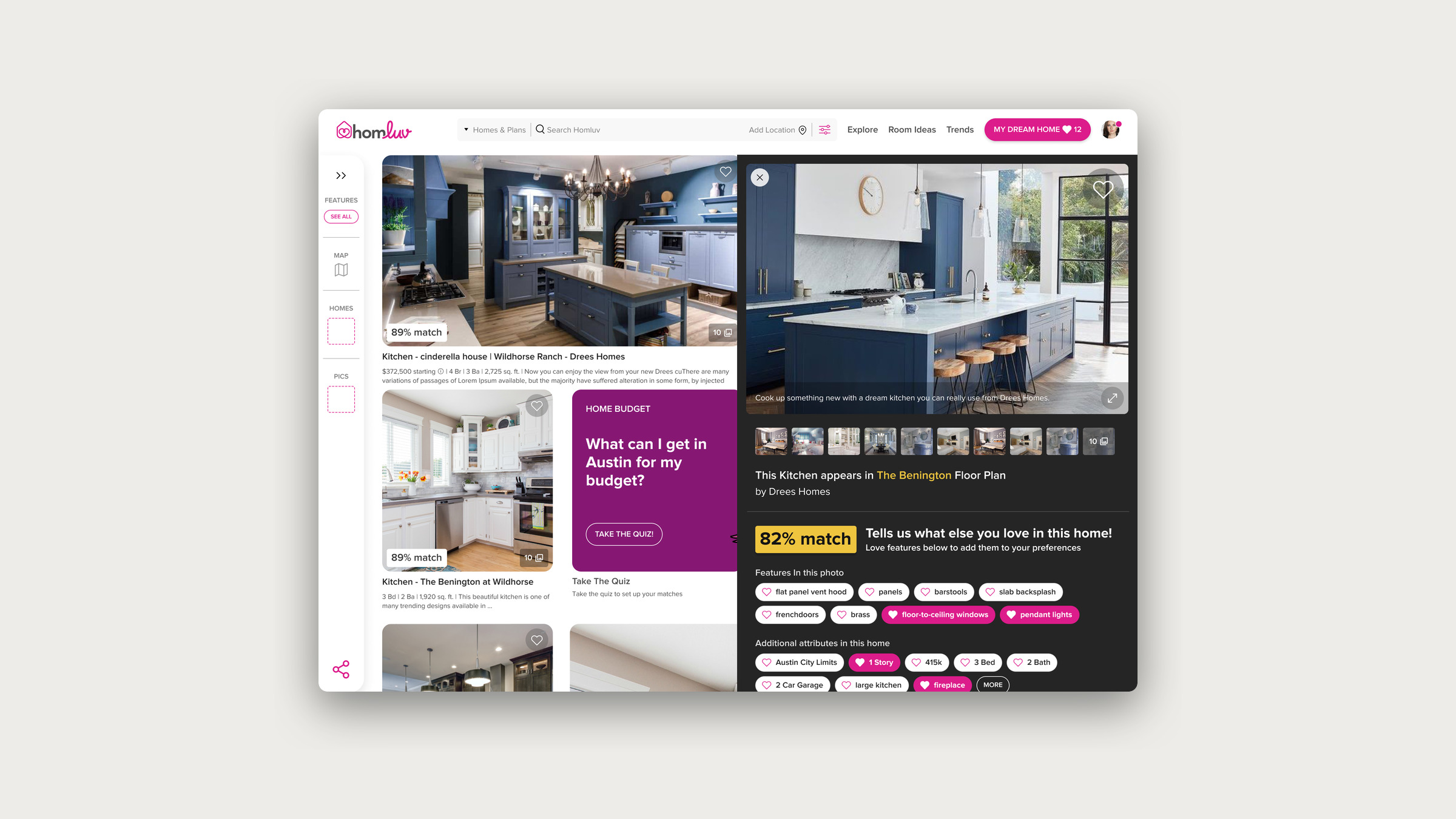 A HomLuv photo opened over the feed, with the match score and features shown as tags the shopper can love.