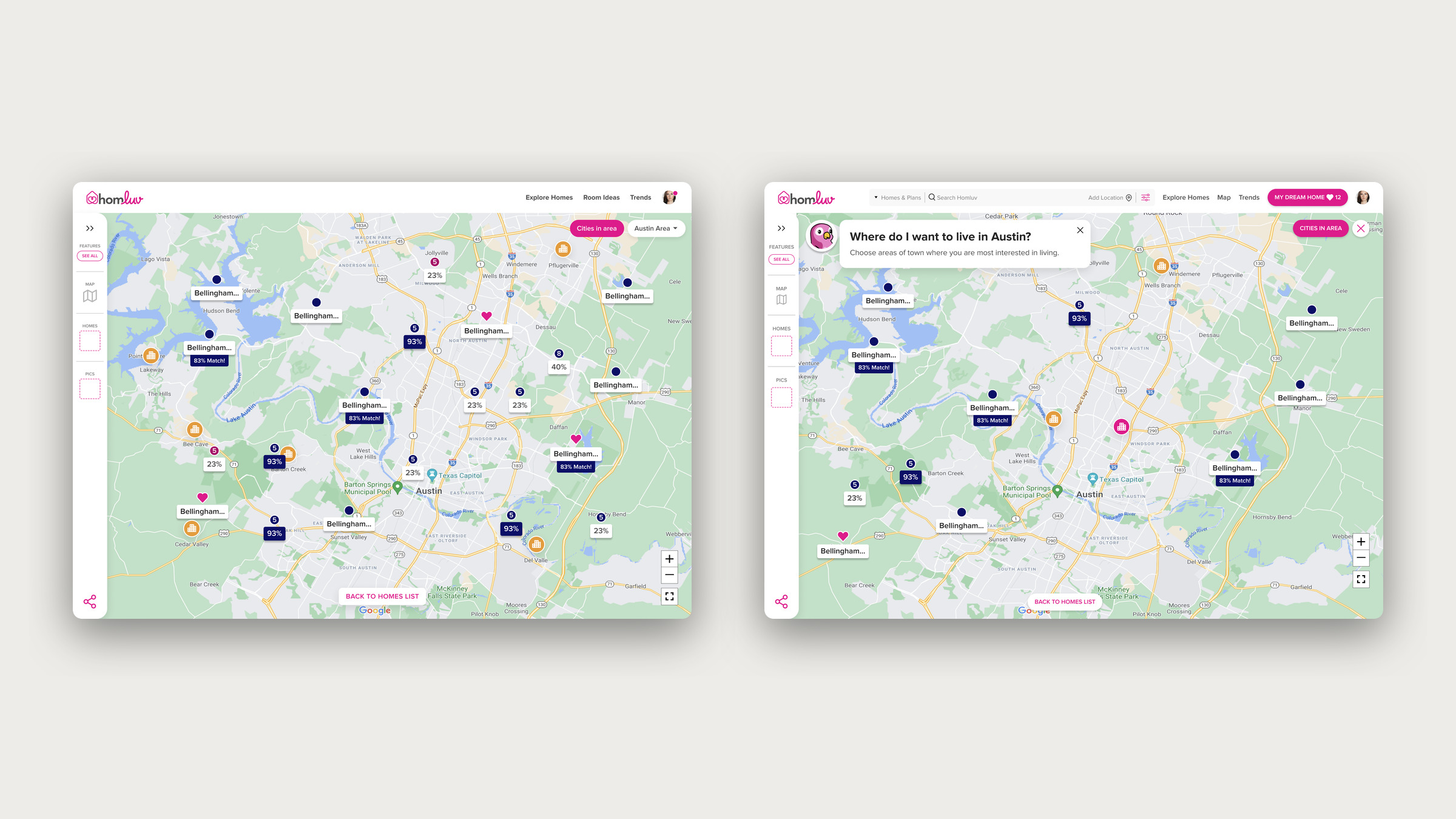 Two HomLuv map screens: communities as match-percentage markers, and a location quiz asking where in Austin to live.