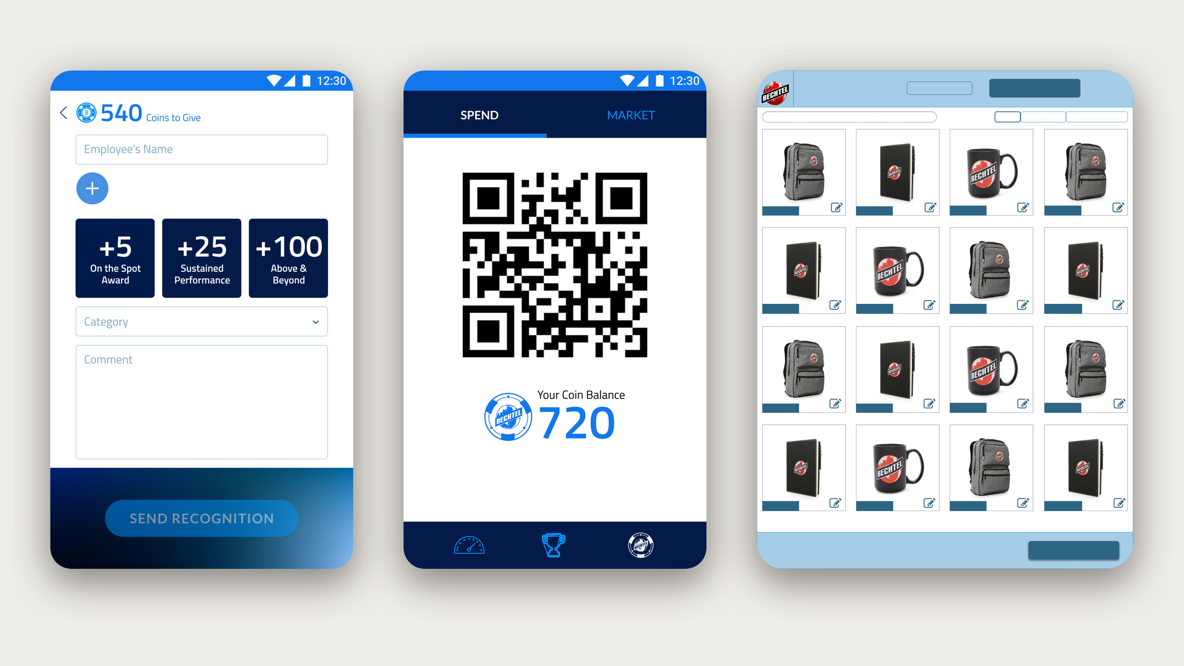 Two BecCoin phone screens, one for sending recognition and one with a redemption QR code and coin balance, beside the iPad point-of-sale storefront.