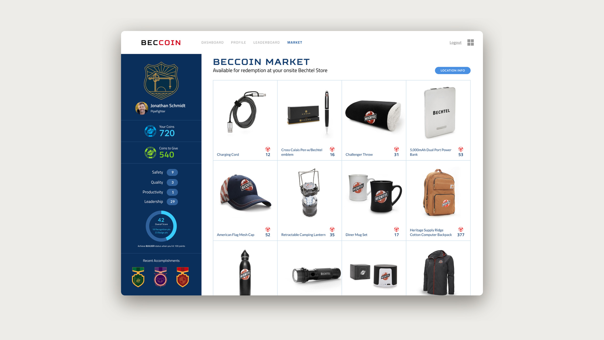 The BecCoin web market, a grid of Bechtel-branded goods with coin prices.