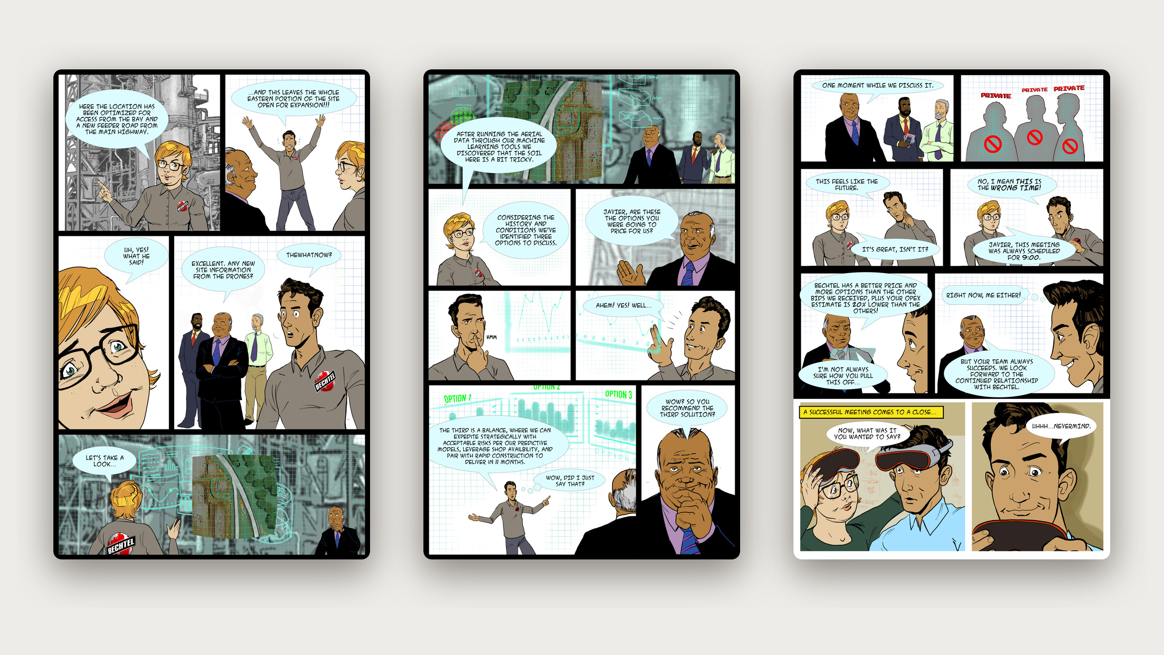 Three interior pages of the Bechtel 2020 comic book showing a meeting between engineers and managers in a plant.