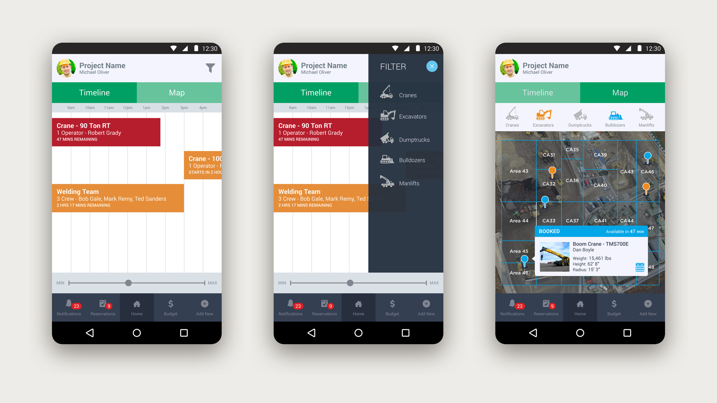 Three HorseTrader phone screens: an equipment timeline, an equipment filter and a jobsite map.