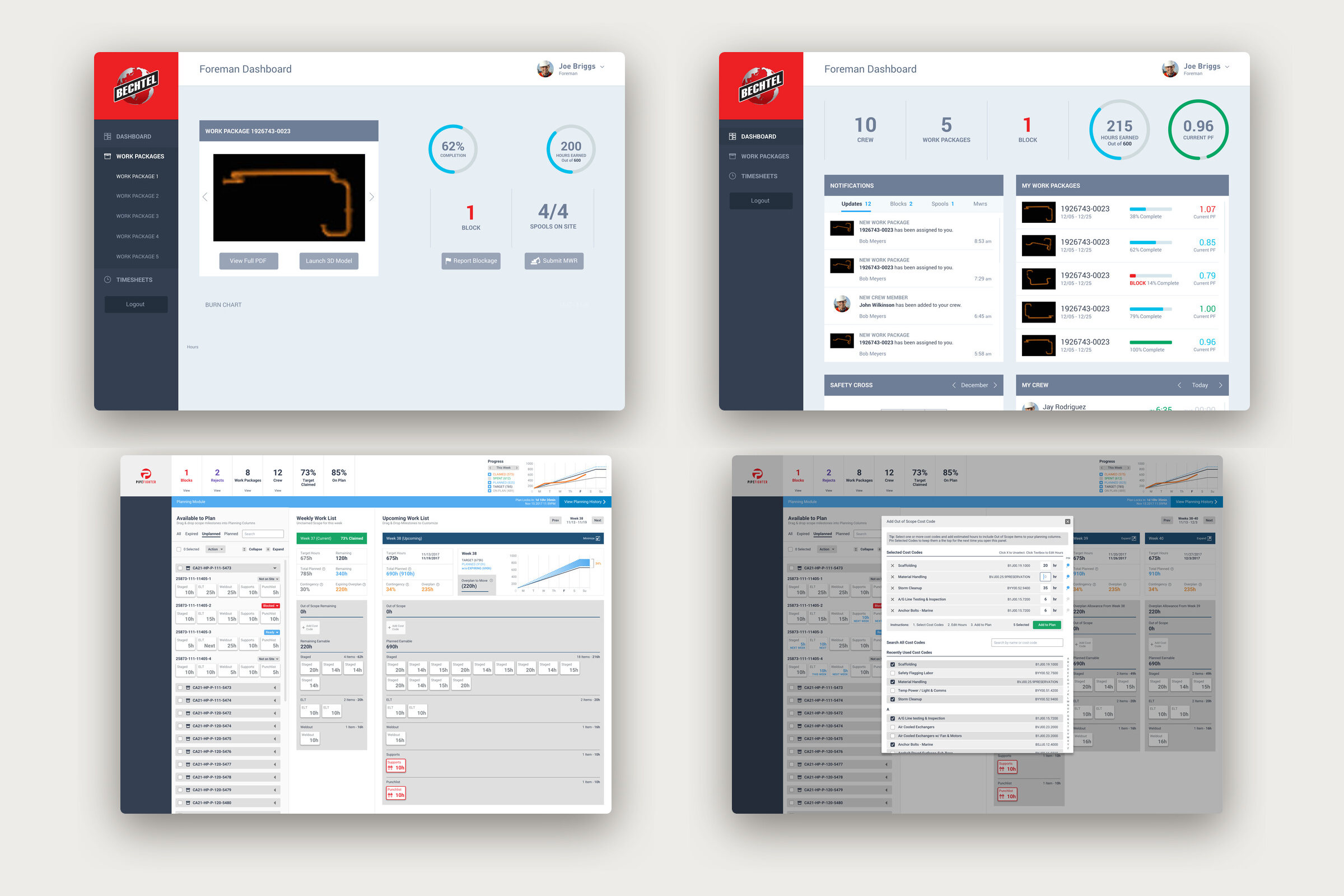 Four Pipefighter desktop screens in Bechtel red and slate: a work-package view and the foreman dashboard, then the planning module with weekly work columns and its dialog for adding out of scope cost codes.