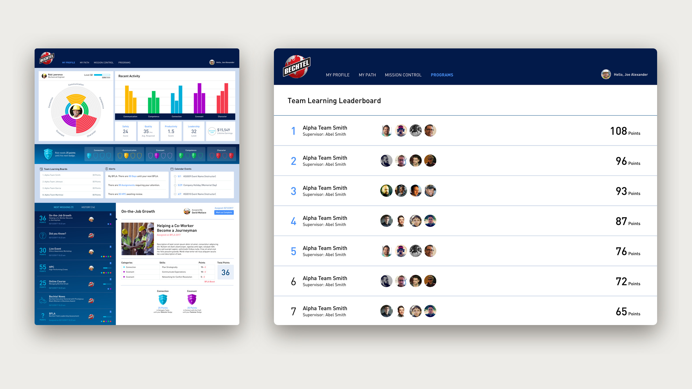 Two screens from Launchpad, Bechtel's training portal: a profile dashboard with points by core value, badges and a mission list, and a team learning leaderboard.