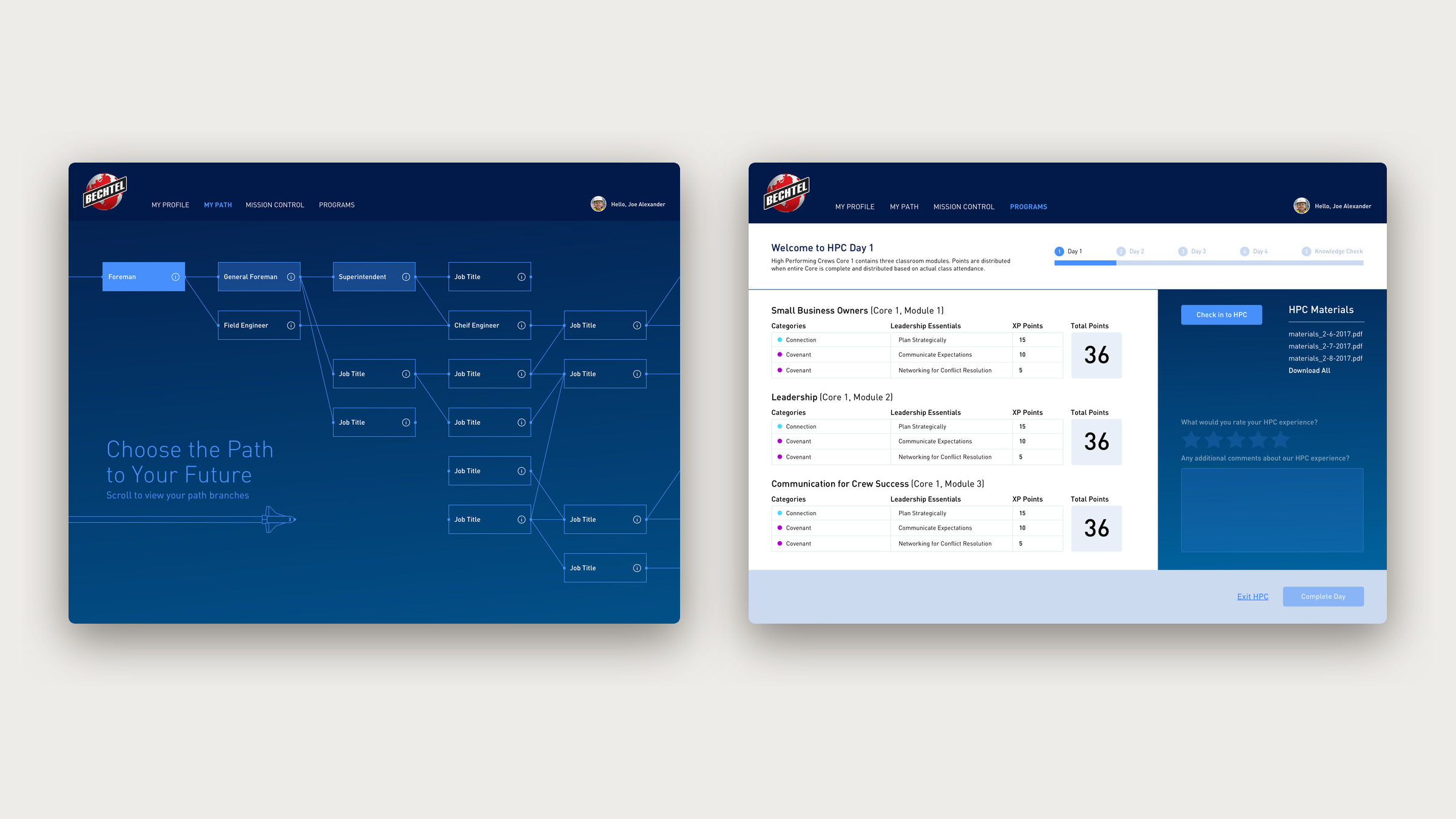 Two Launchpad screens: a career path map of Bechtel job titles, and a classroom program page where each module awards points by skill.