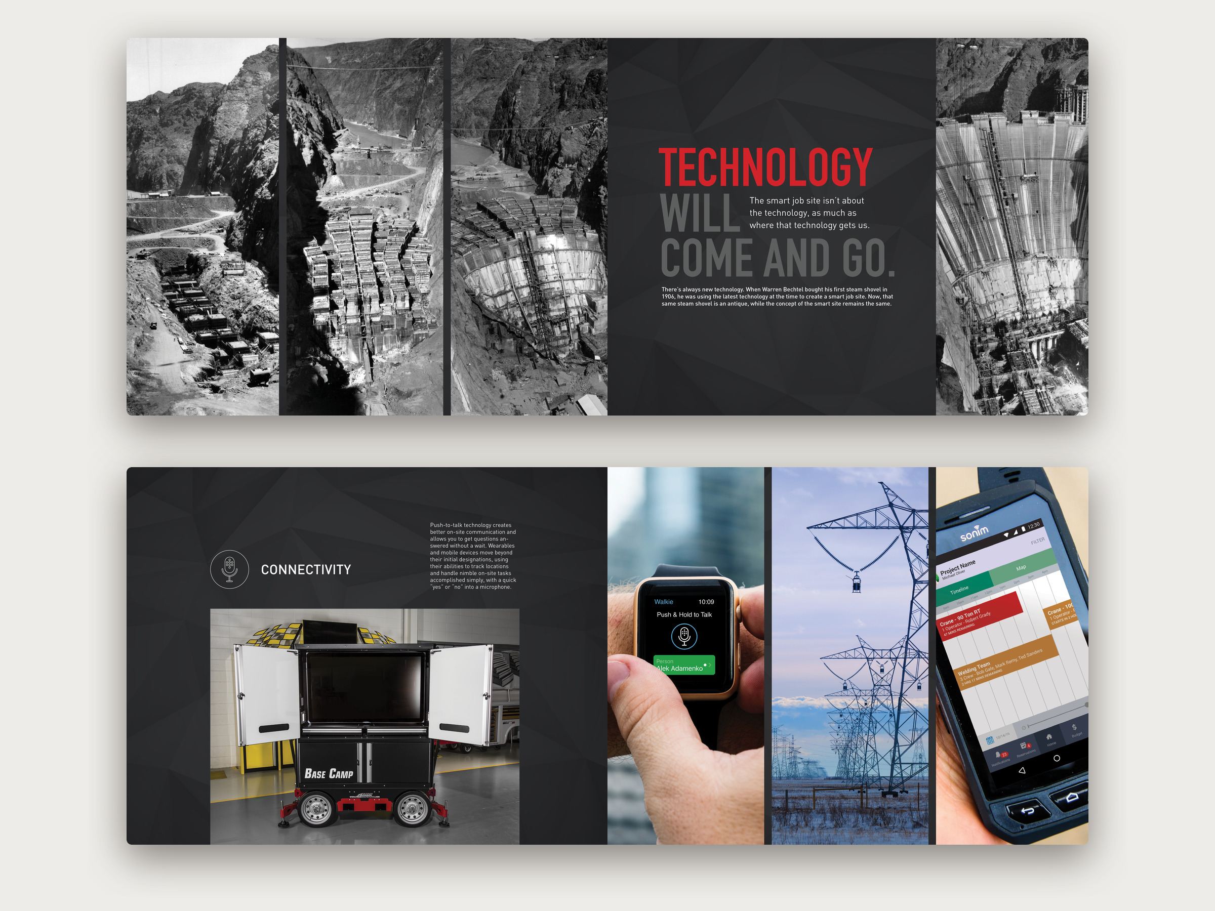 Two spreads from the Smart JobSite book. Top: black and white photos of dam construction beside the headline Technology will come and go. Bottom: the Connectivity spread with the Base Camp cart, a smartwatch push to talk screen, power lines and a rugged phone.