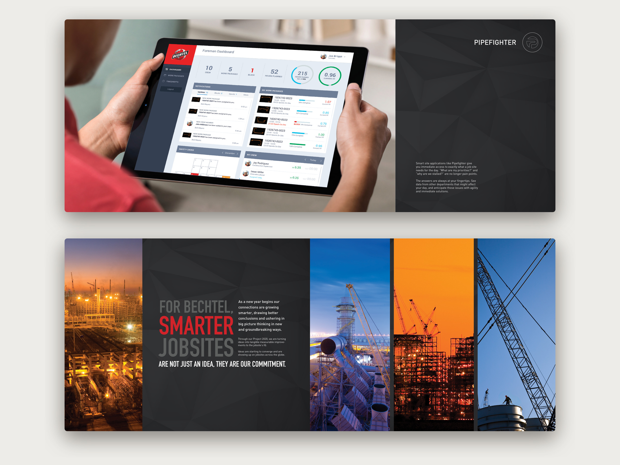 Two more Smart JobSite book spreads. Top: the Pipefighter spread with a foreman dashboard on a tablet. Bottom: the closing spread, For Bechtel, smarter jobsites are not just an idea, they are our commitment, beside construction and refinery photos.