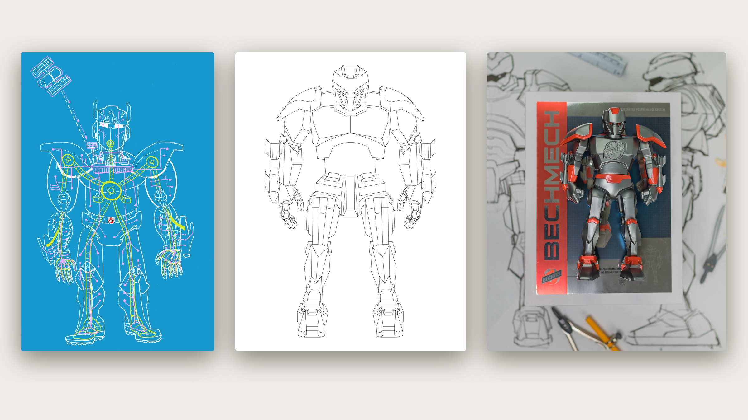 A blue hand sketch of the BechMech robot with a satellite dish, the clean line art of the final design, and a photo of the finished toy lying on its box over concept drawings.