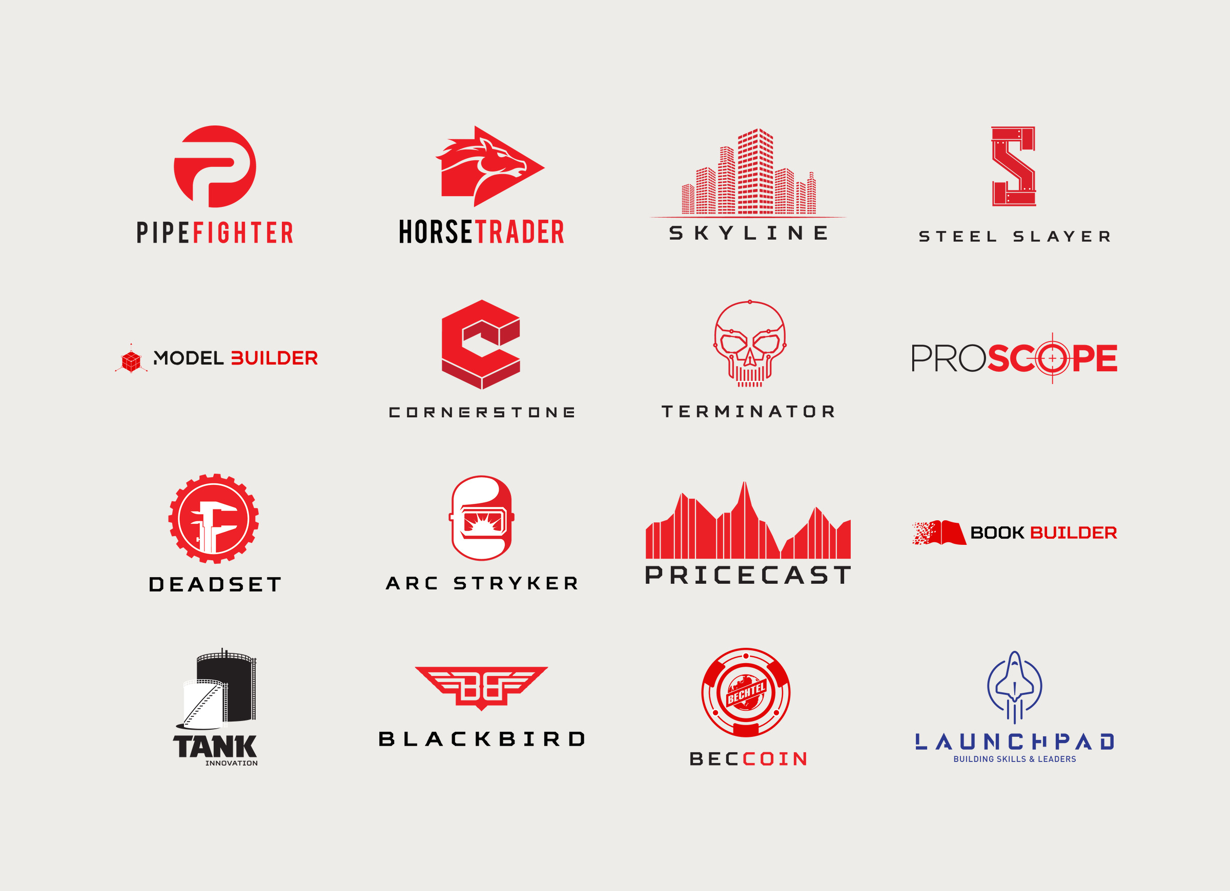 A grid of sixteen project logos designed for Bechtel, including Pipefighter, HorseTrader, Skyline, Steel Slayer, Cornerstone, Terminator, ProScope, Pricecast, BecCoin and Launchpad.