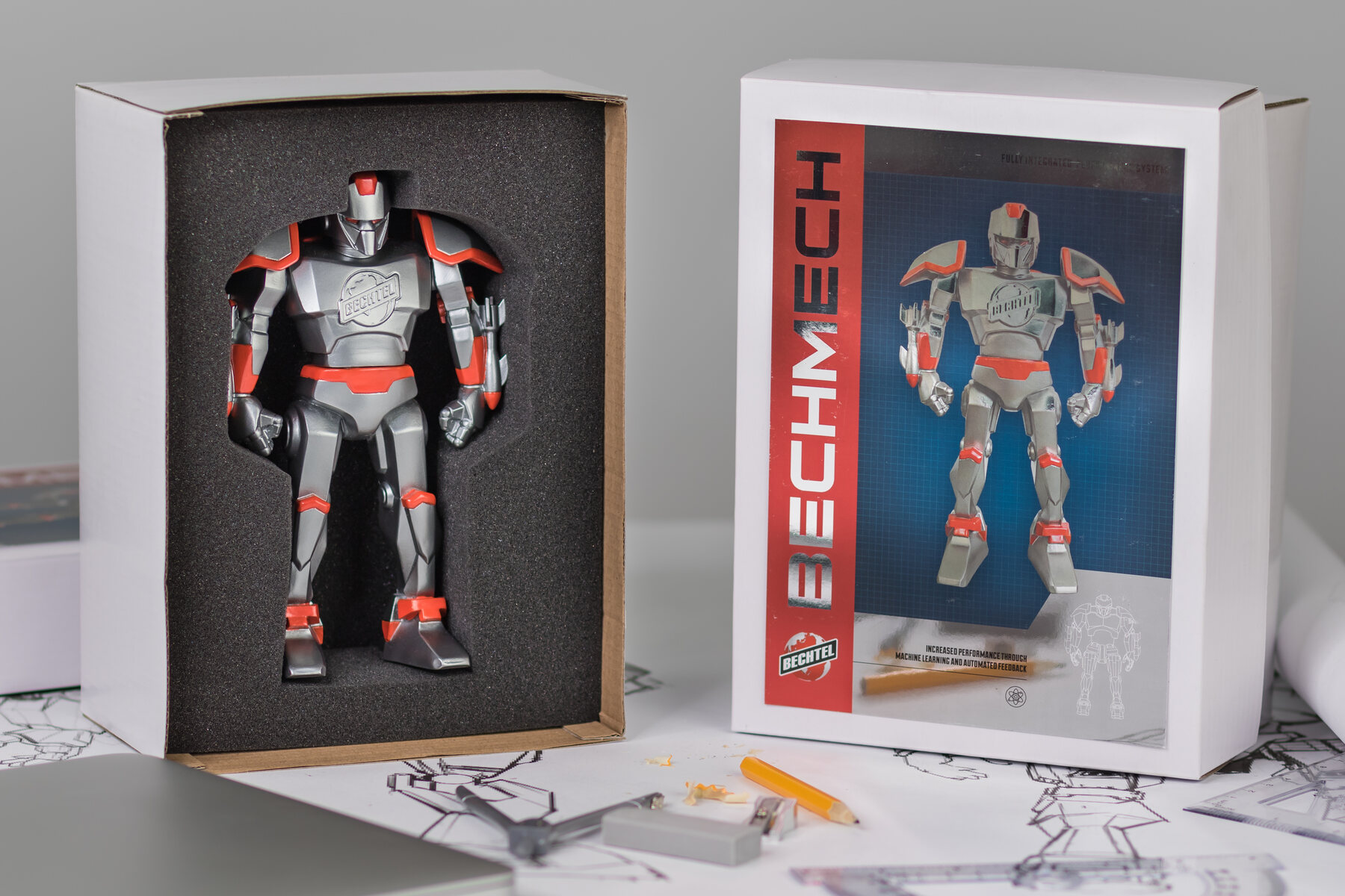BechMech open in its foam-lined box beside the red BECHMECH retail box.