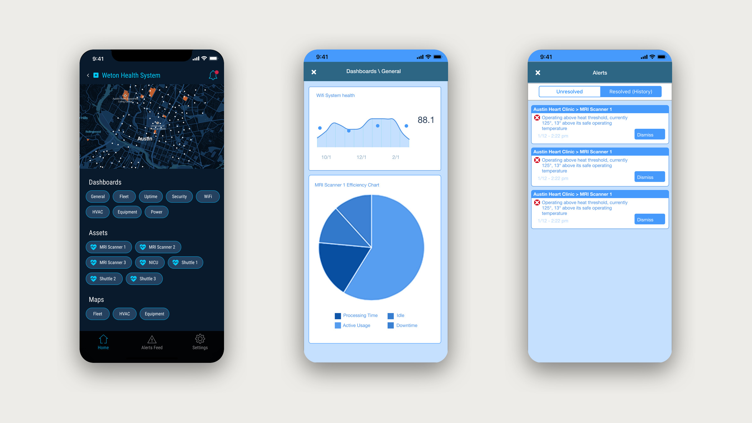 Three Corvalent mobile screens: home, a system health dashboard, and the alerts list.