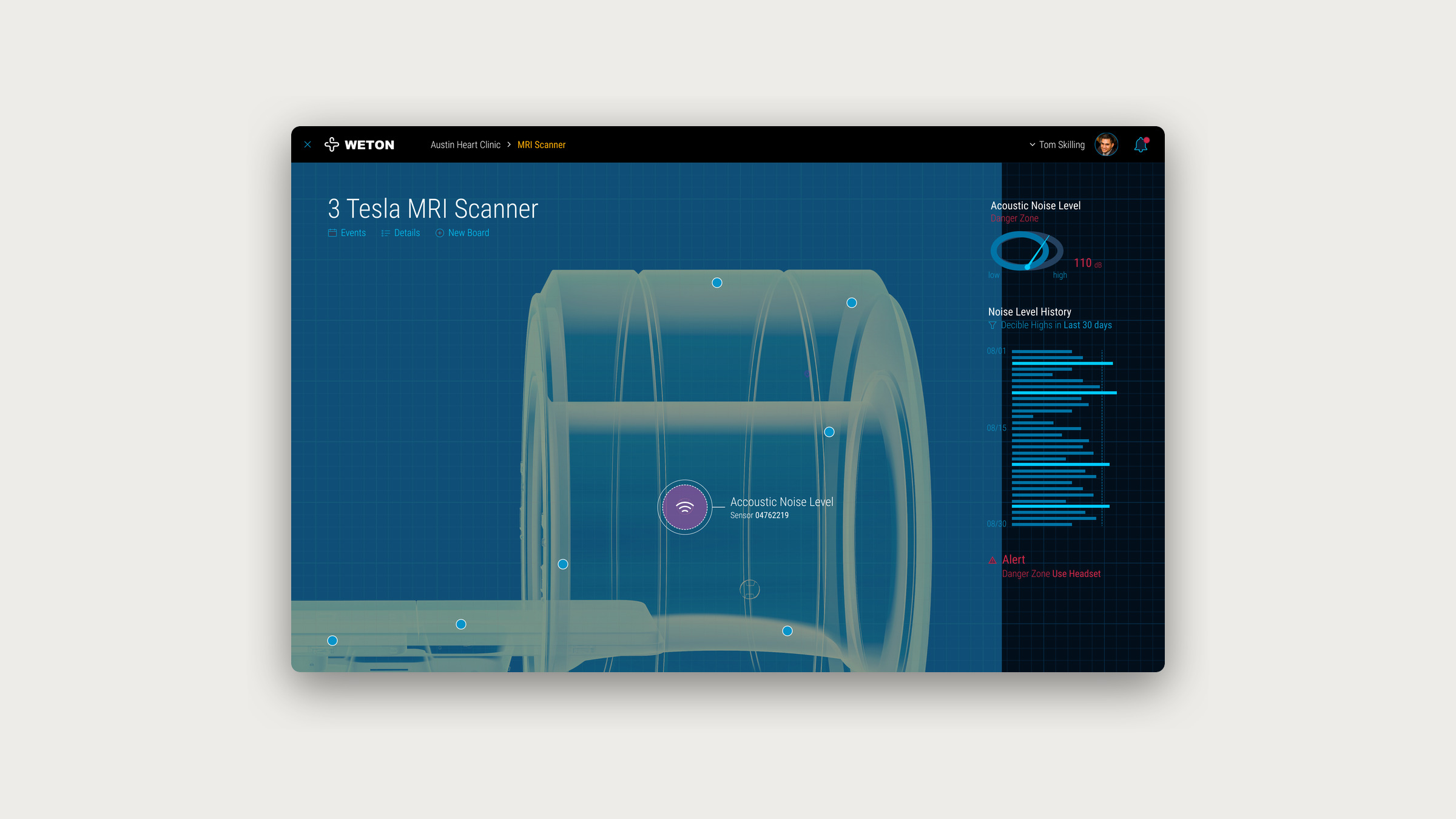 A 3D model of an MRI scanner with live data points on a Corvalent asset view.