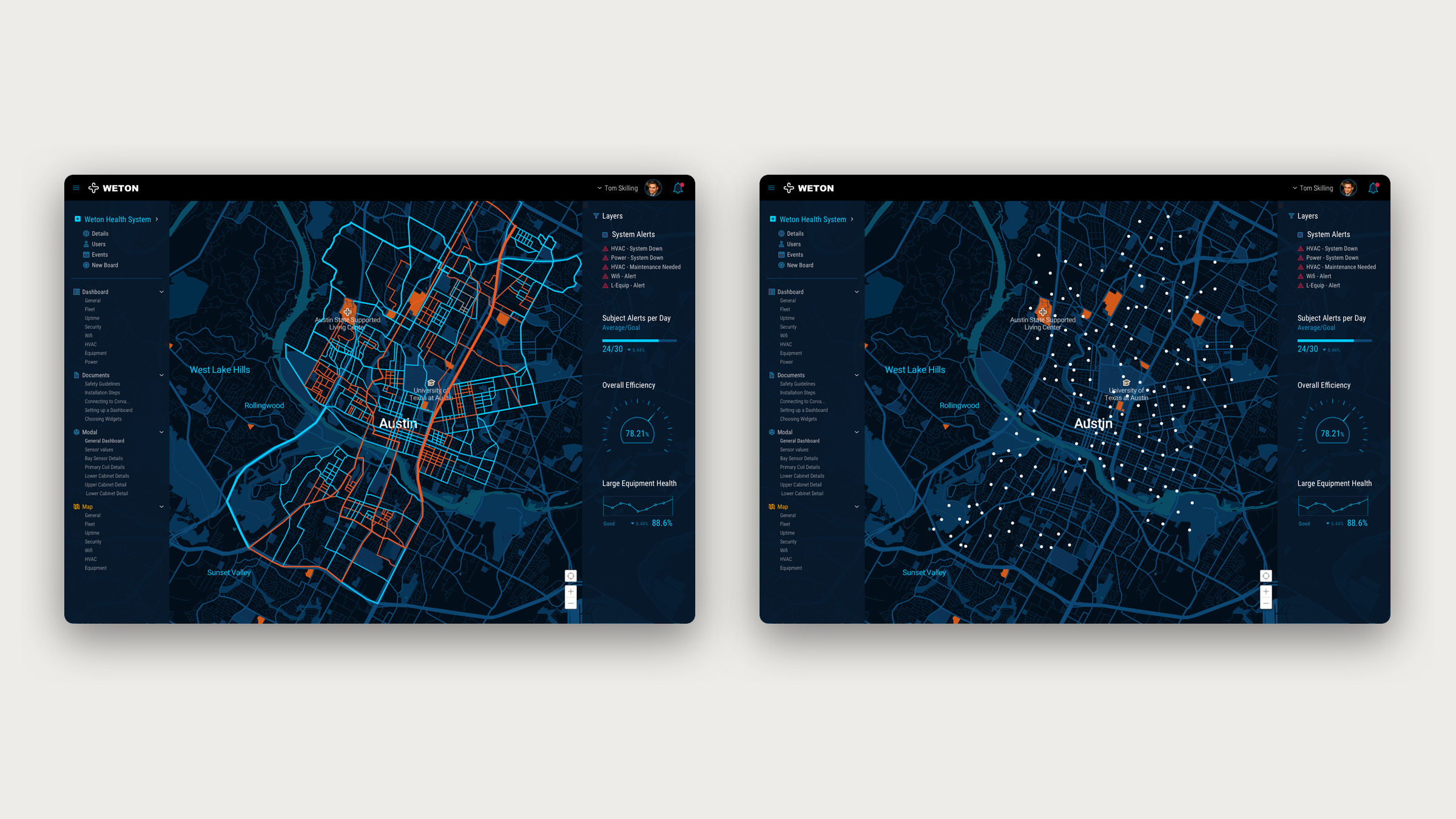 Two Corvalent map screens of Austin: road paths with alerts, and sensor points across the city.
