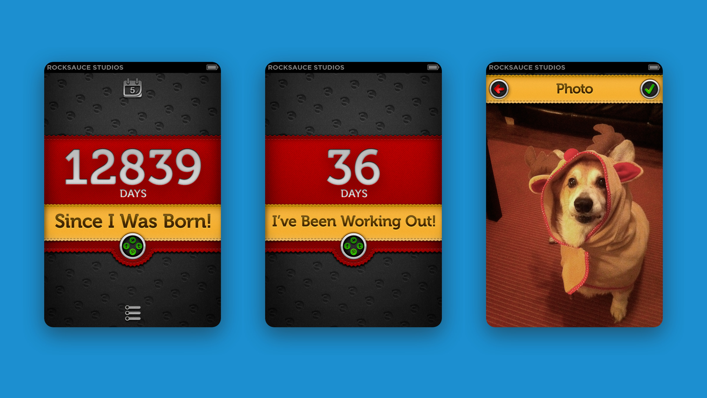 Three iPhone screens of DaySince showing a red banner counting 12,839 days, one counting 36 days and a photo screen with a dog in a costume.