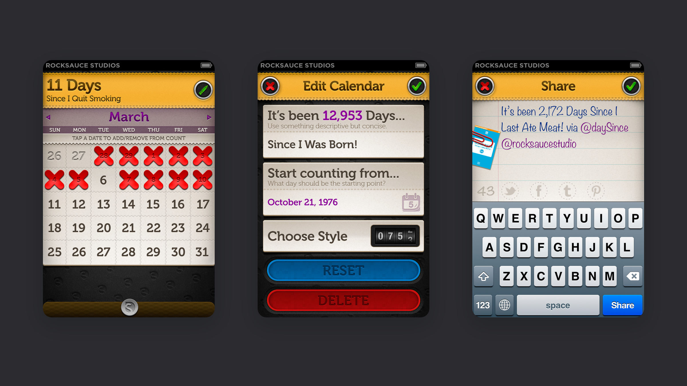 Three iPhone screens of DaySince: a March calendar with red crosses on past days, the edit calendar form and the share screen with a keyboard.