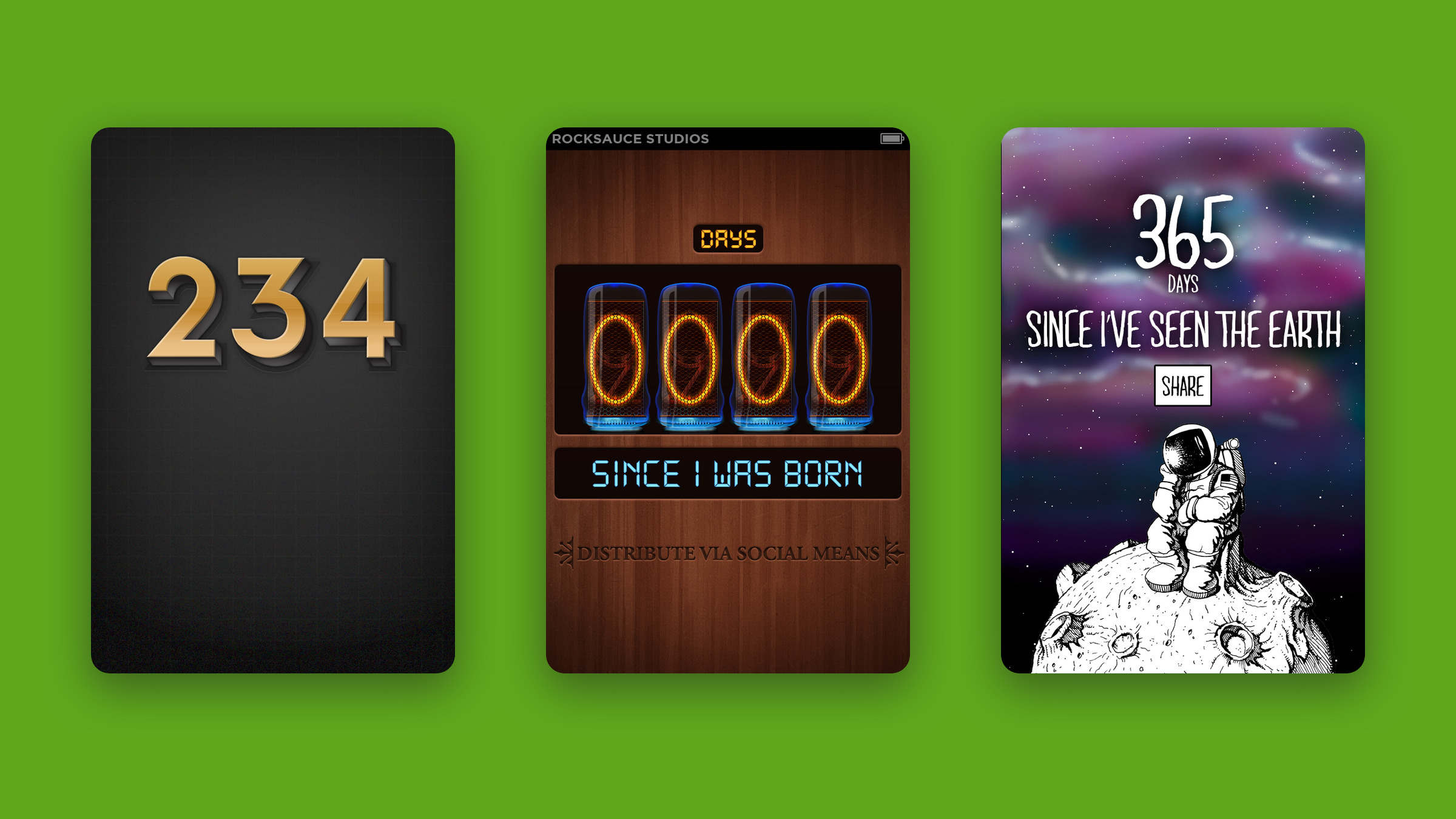 Three counter style artworks for DaySince: gold numbers on charcoal, glowing nixie tubes on wood and an astronaut with a day count.
