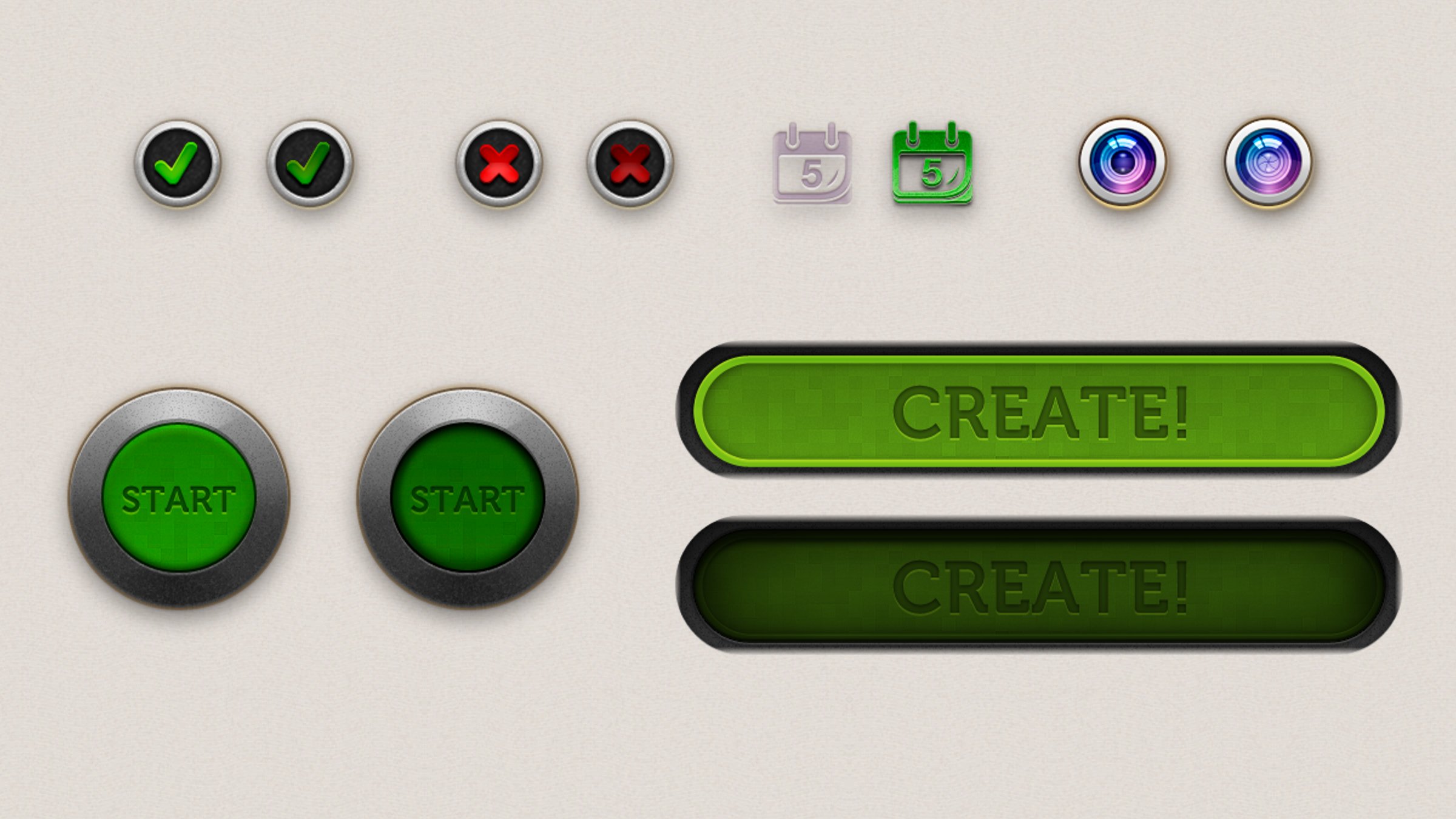 Painted DaySince buttons on a deep blue ground, each shown beside its pressed state: a green check, a red cross, a calendar icon, a camera, a round Start button and a green Create bar.