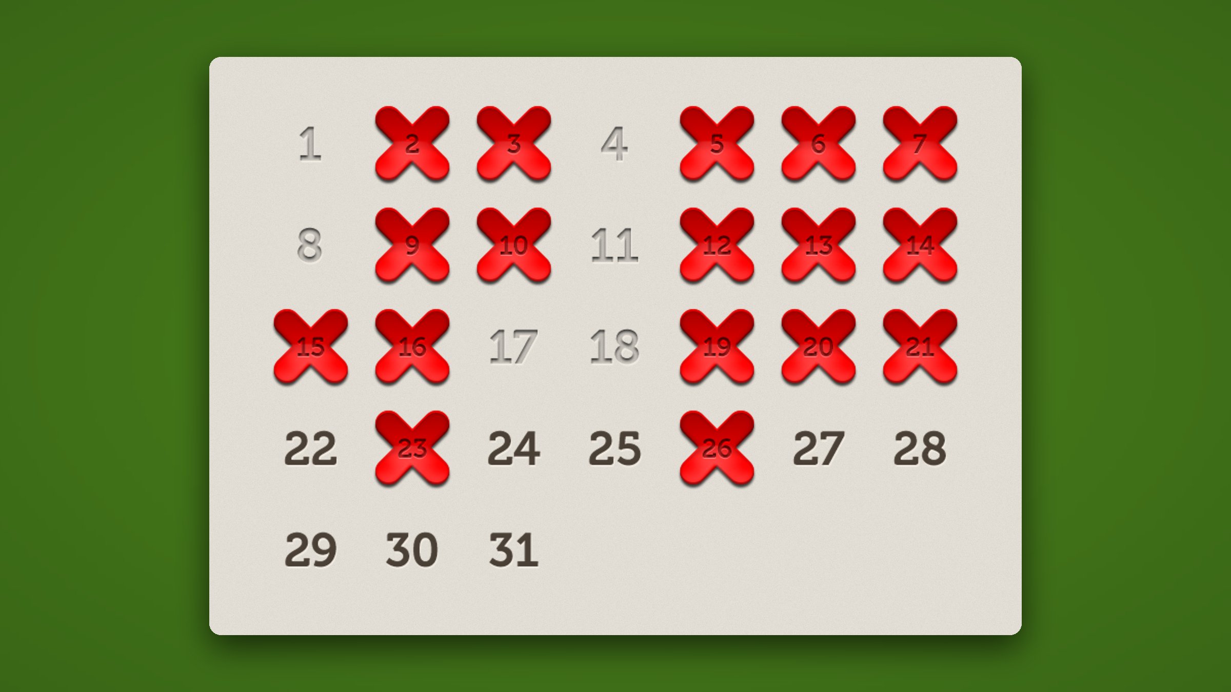 A month of DaySince calendar day cells on a paper card, with glossy red crosses over the days crossed off and plain numbers on the rest.