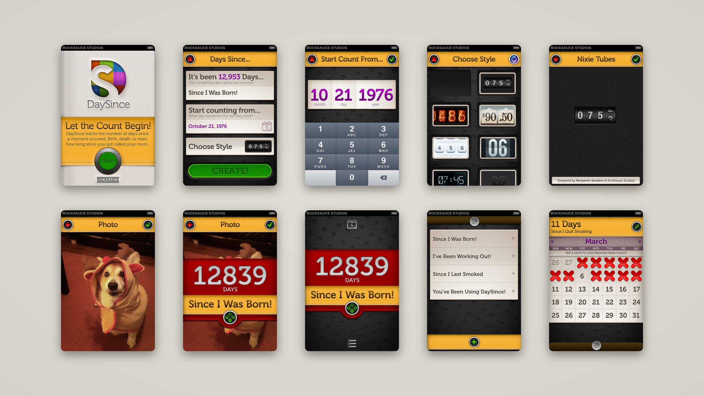 Ten DaySince iPhone screens in a grid: launch, create, date picker, counter styles, nixie tubes, photo picker, photo counter, the counter, the calendar list and a month calendar.