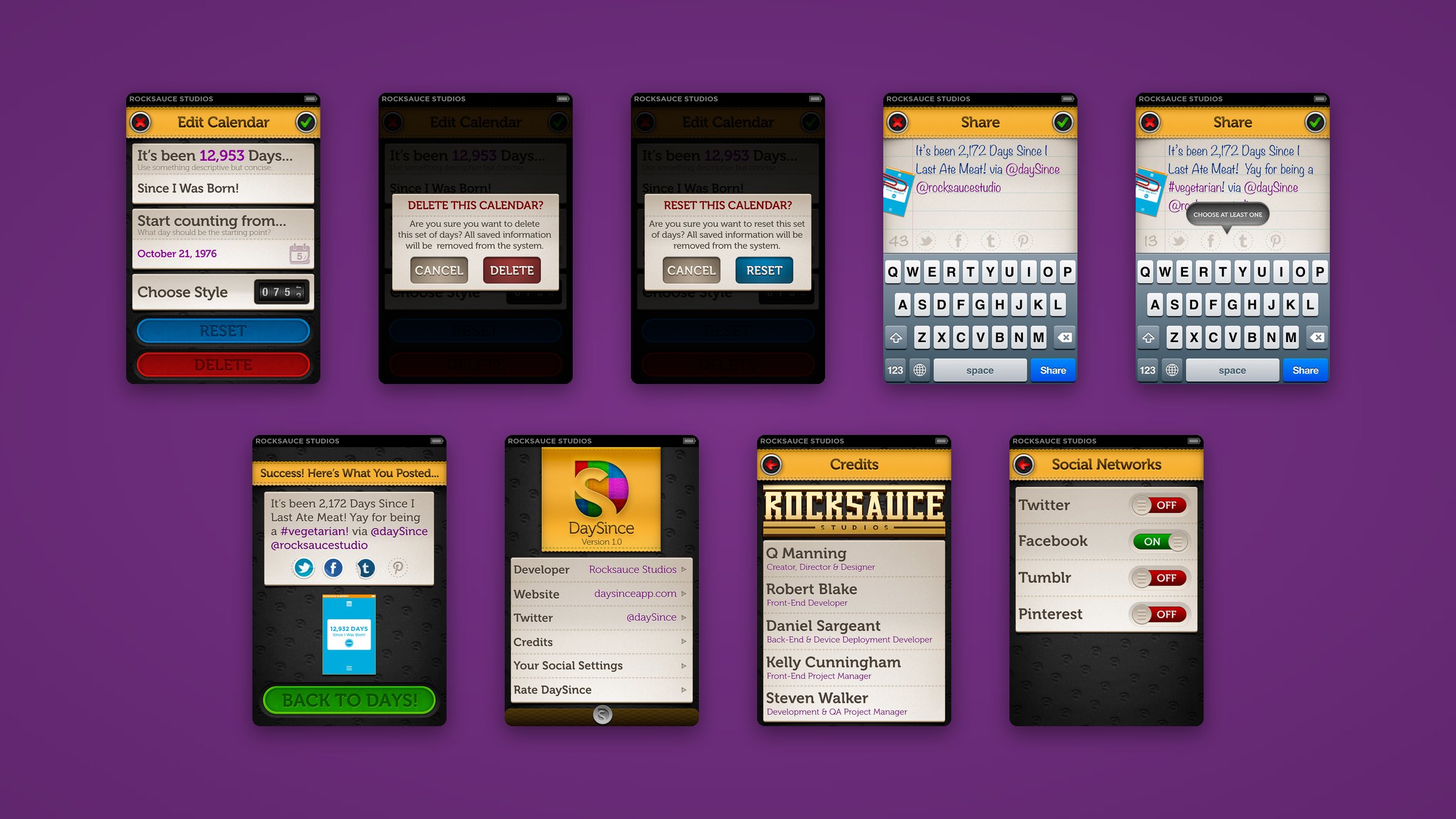 Nine DaySince iPhone screens in a grid: edit calendar, delete and reset warnings, share, the share error, share success, about, credits and social networks.