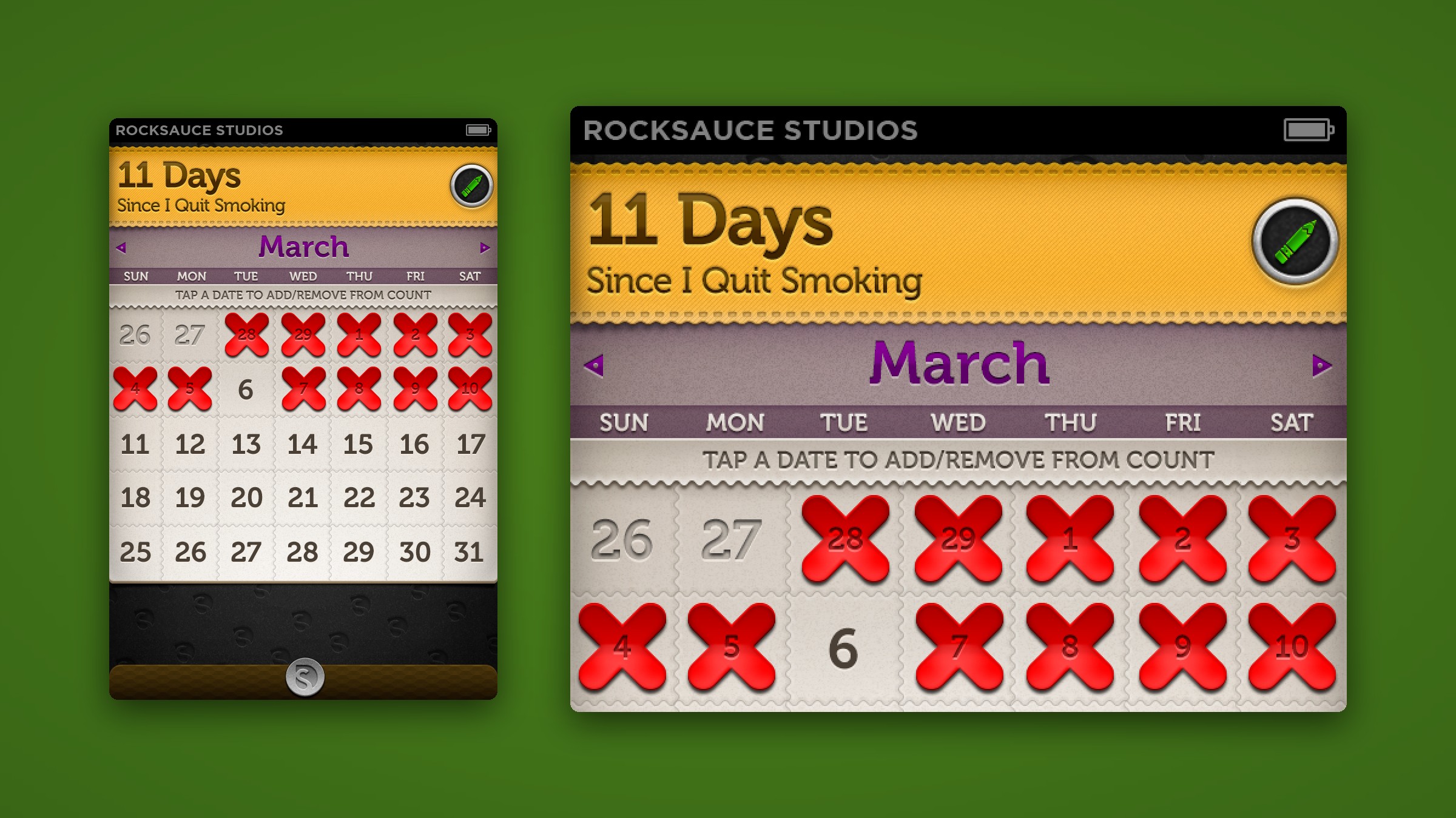 The DaySince month calendar beside a close-up of its red crossed-off days.