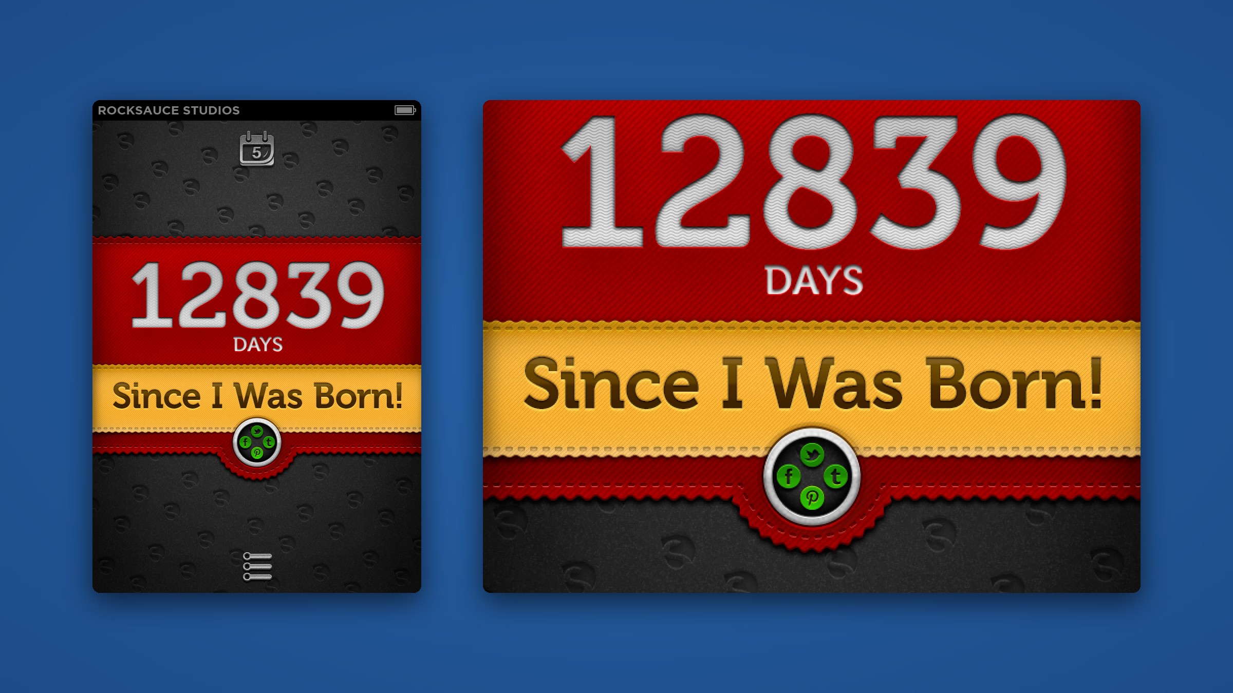 The DaySince counter screen beside a close-up of its red stitched banner with the day count in embossed numerals.