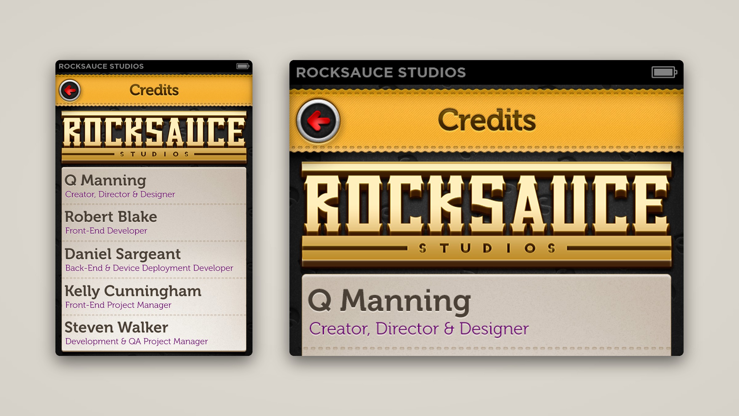 The DaySince credits screen beside a close-up of its letterpress title and paper name cards.