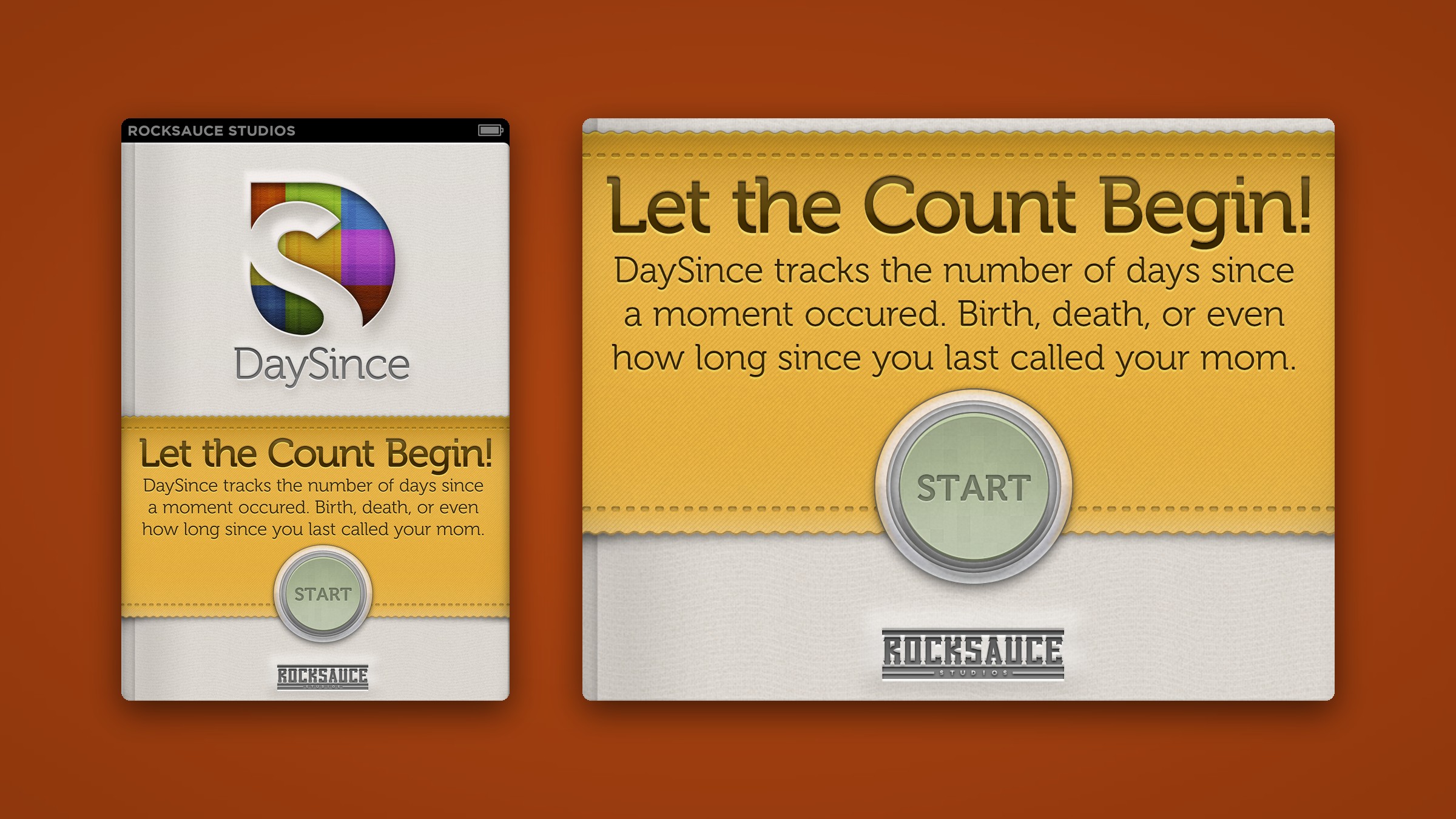 The DaySince launch screen beside a close-up of its stitched yellow banner, glass Start button and letterpress logo.