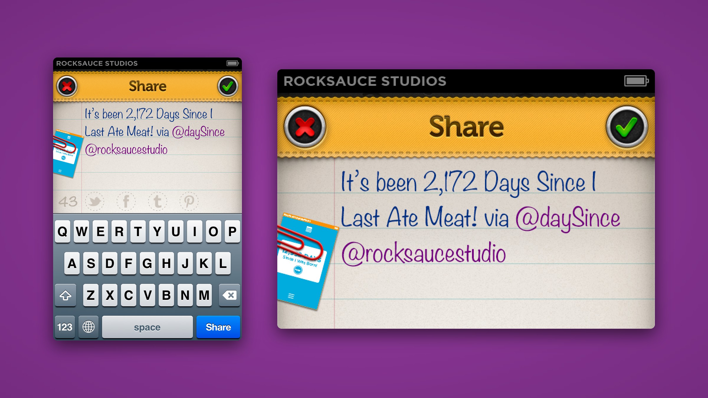 The DaySince share screen beside a close-up of its ruled notepad paper and paperclip.