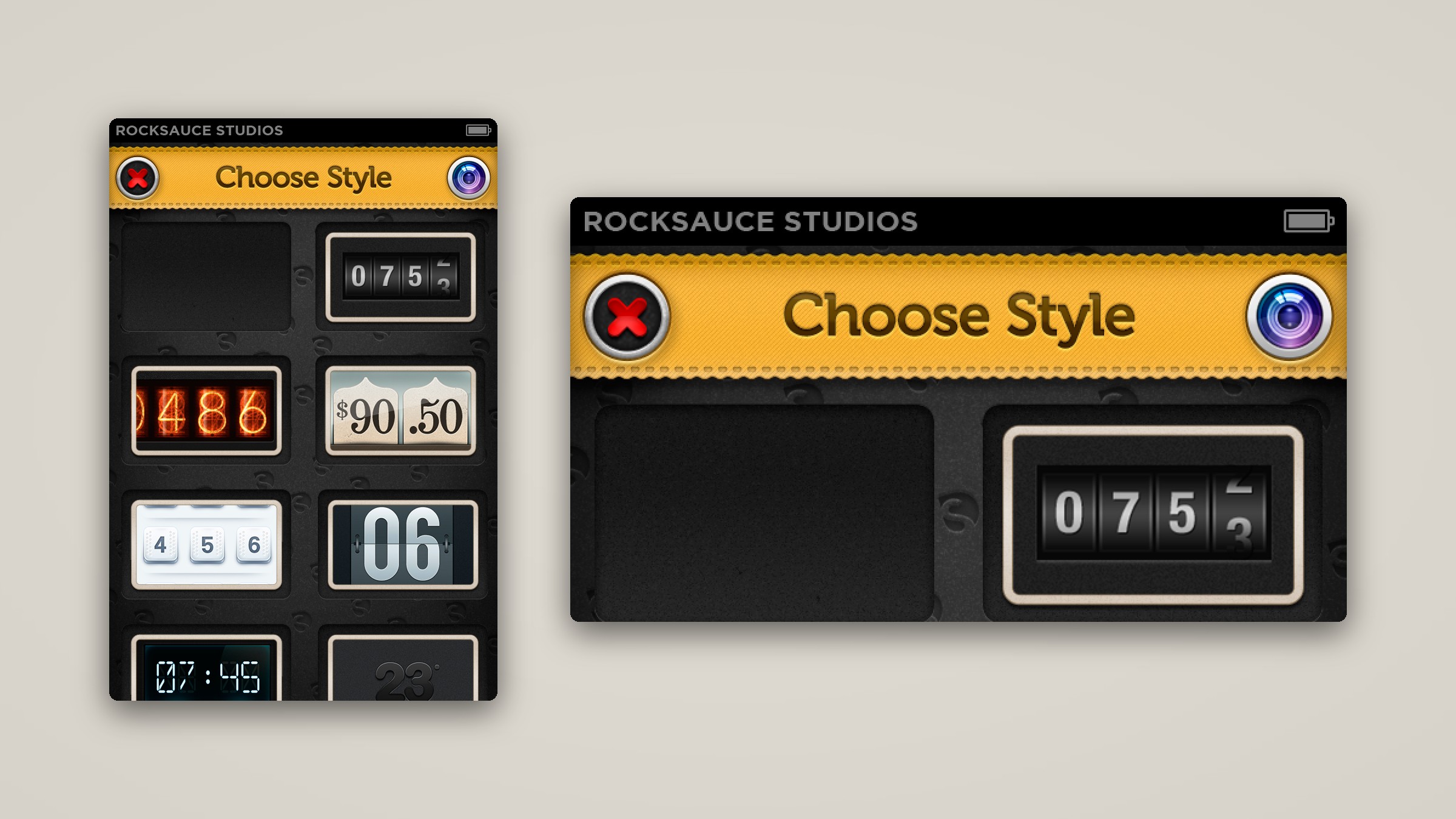 The DaySince Choose Style screen beside a close-up of the nixie tube, flip card and odometer counters.
