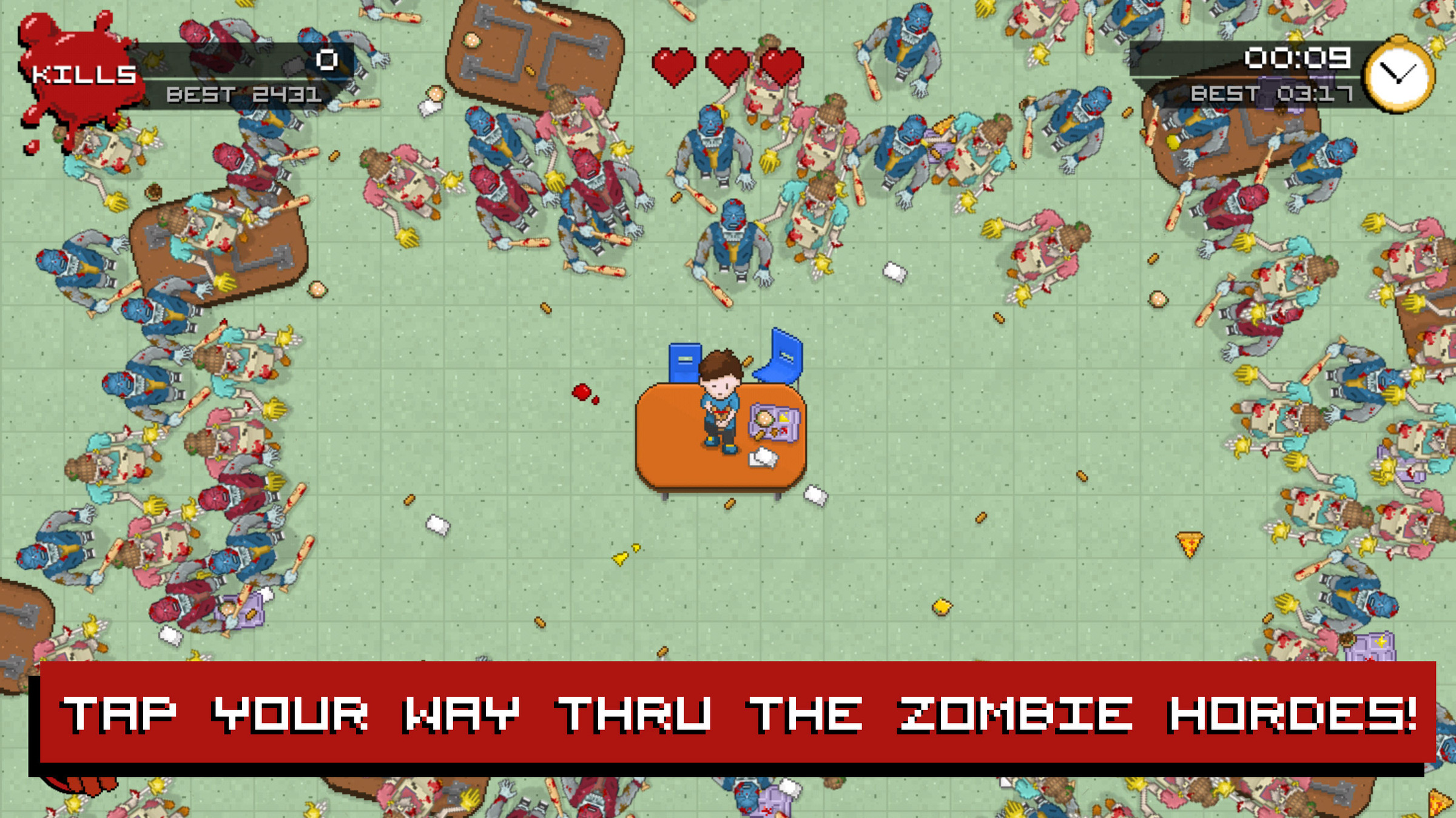 Dead Last gameplay in the school cafeteria: a lone survivor on a table surrounded by a horde of zombies, with kill count and timer along the top.
