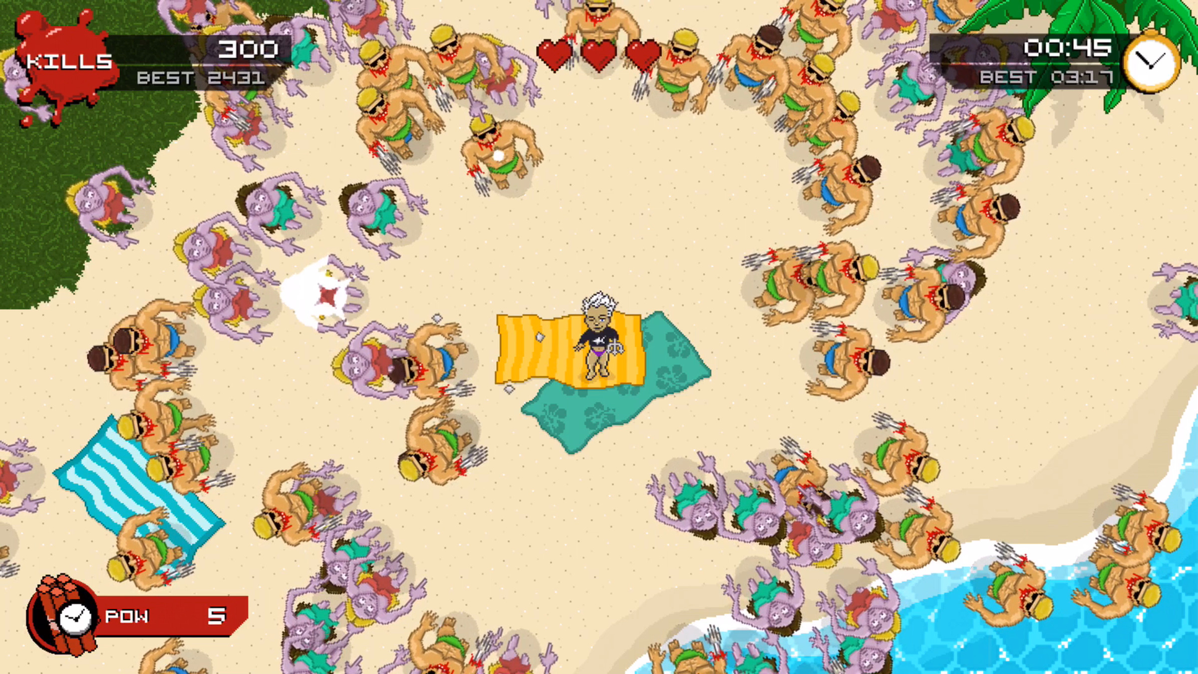 Dead Last gameplay on the beach: a white-haired survivor on a towel ringed by purple zombies and muscle-bound beach zombies.
