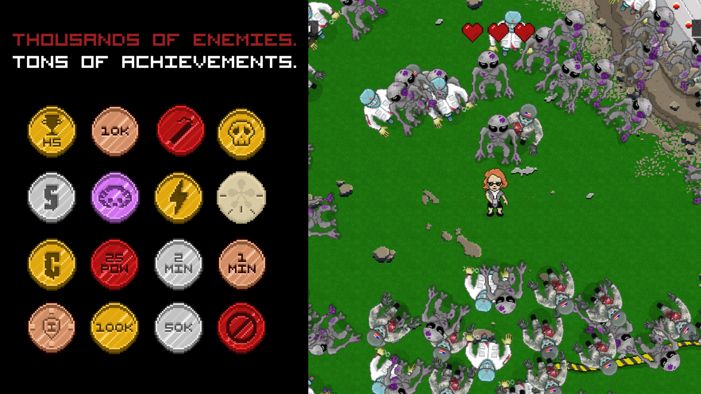 A grid of round achievement badges beside gameplay against gray aliens on grass, under the line 'Thousands of enemies. Tons of achievements.'