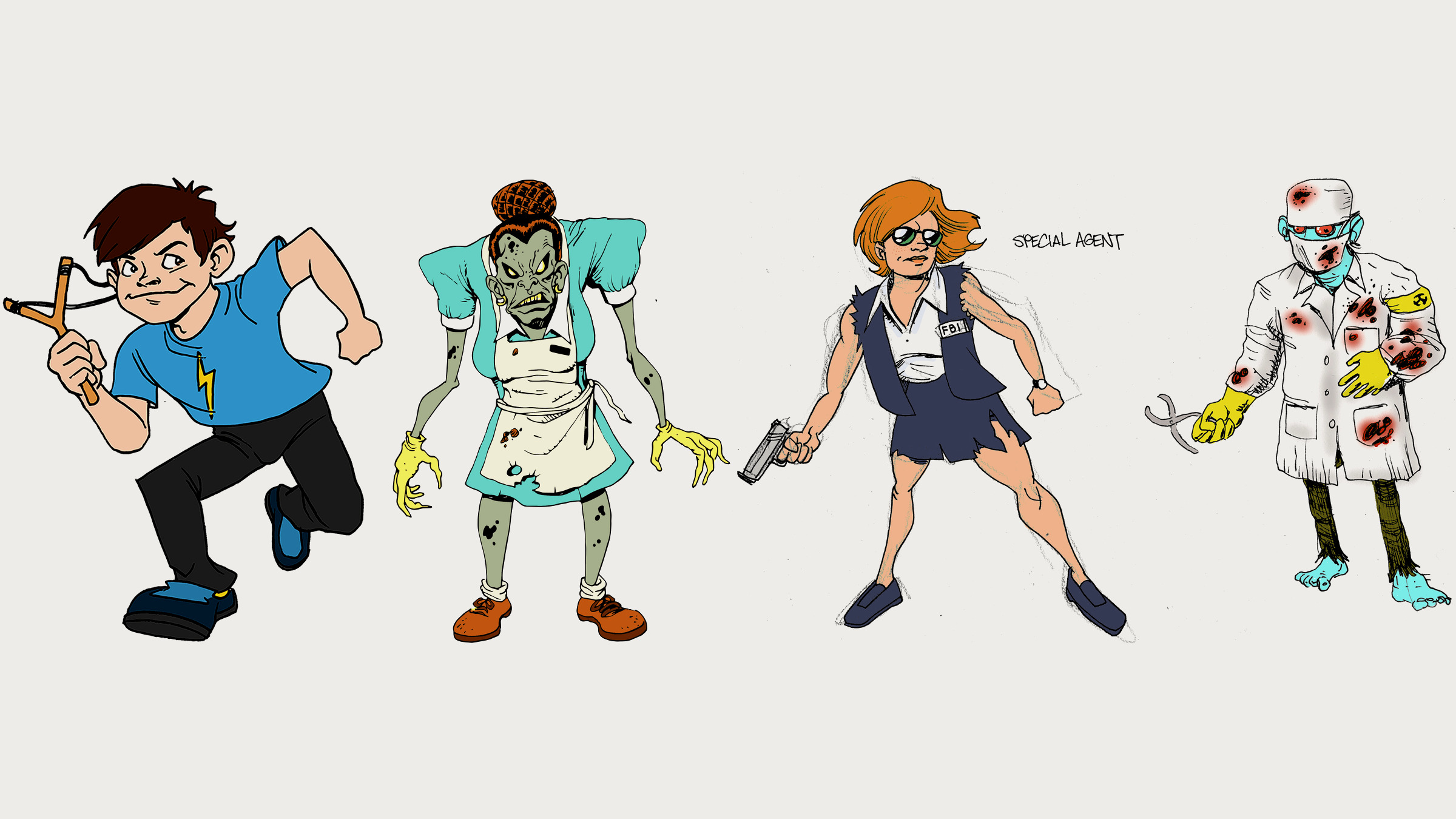 Four color character illustrations: a boy with a slingshot, a zombie lunch lady, a special agent with a pistol and a zombie scientist in a lab coat.