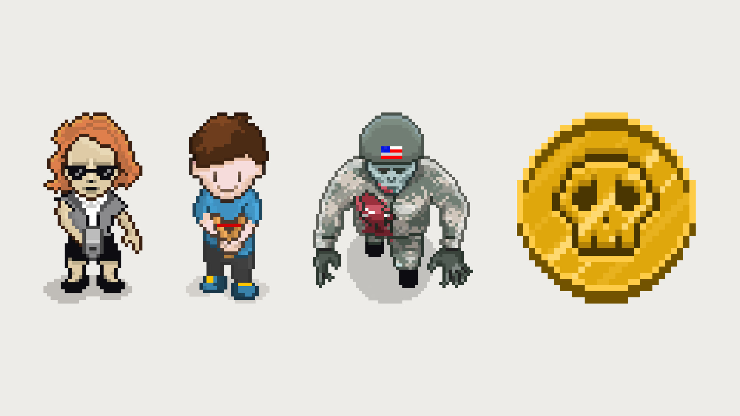 Pixel-art sprites of an agent, a boy, a zombie soldier and a gold skull coin on a flat gray ground.