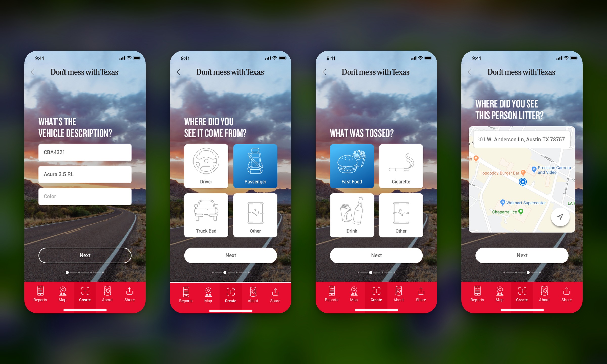 Four redesigned manual entry screens: vehicle description fields, where the litter came from (Passenger selected), what was tossed (Fast Food selected), and a map asking where the person was seen littering.
