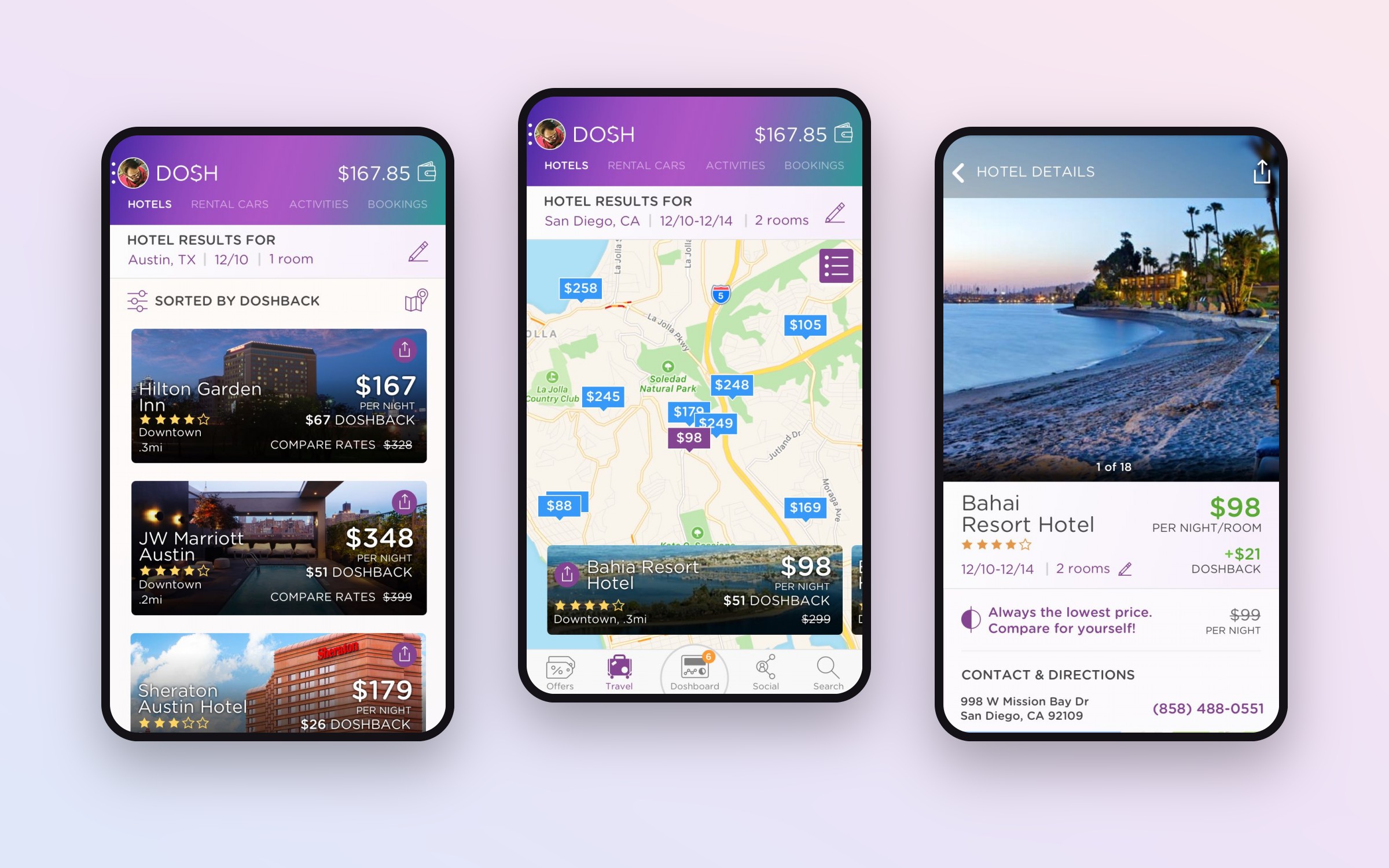 DoshTravel: hotel results sorted by doshback, the same hotels on a map, and a hotel's details