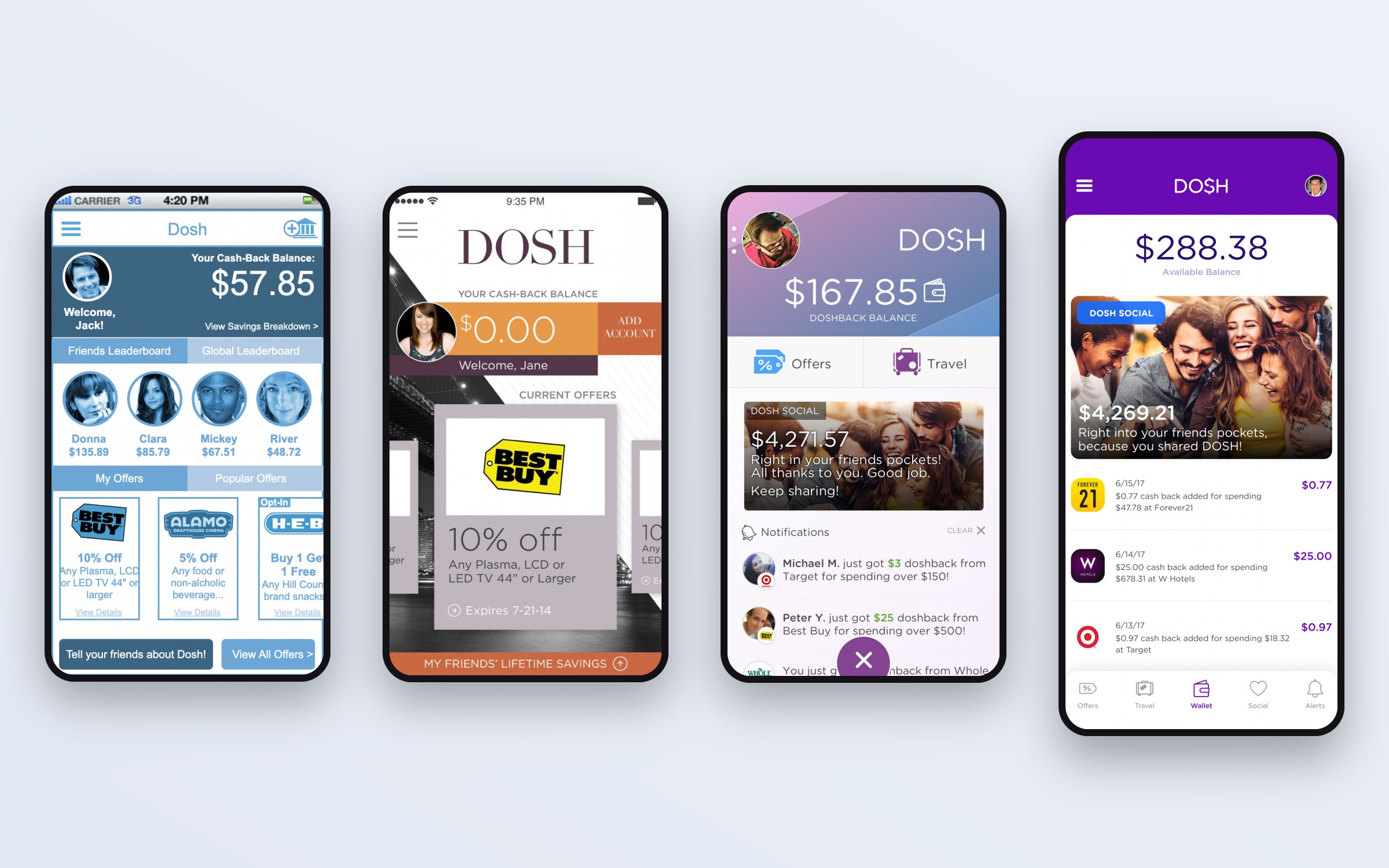 The same dashboard four times: a blue wireframe, the first design with a serif logo and a skyline, the purple gradient design, and the later solid Dosh Purple wallet