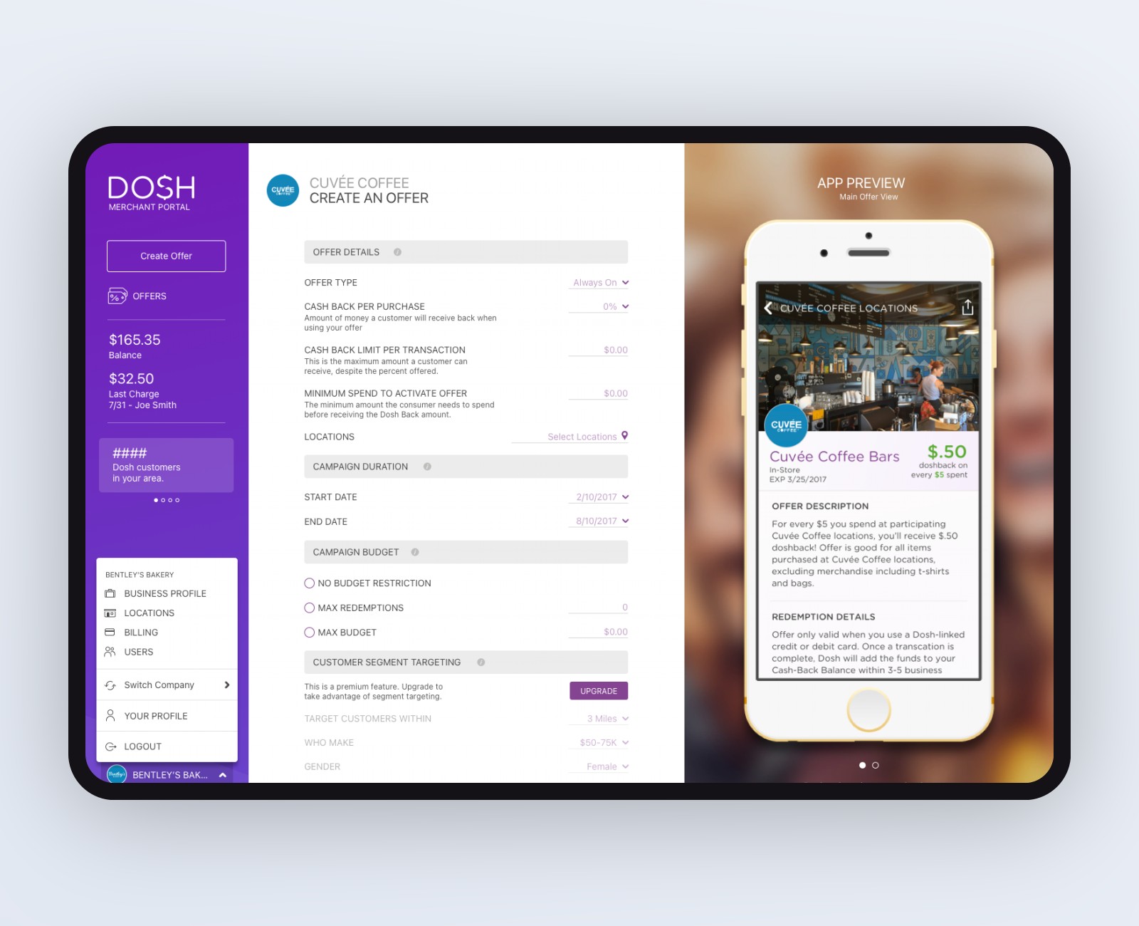 Create an Offer, with a live preview of the offer as it will look in the app