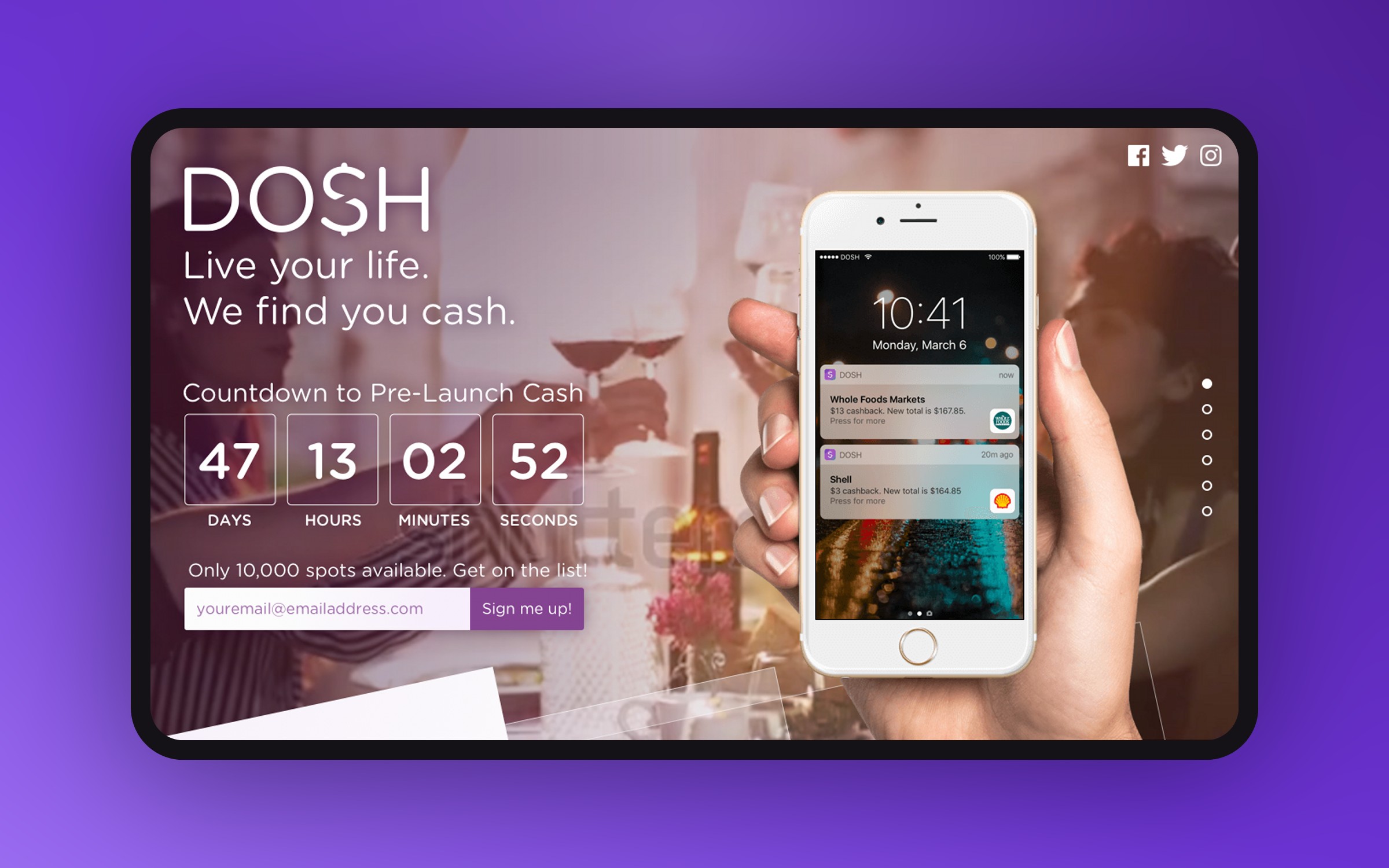 The pre-launch countdown site: live your life, we find you cash, a countdown clock, and only 10,000 spots available