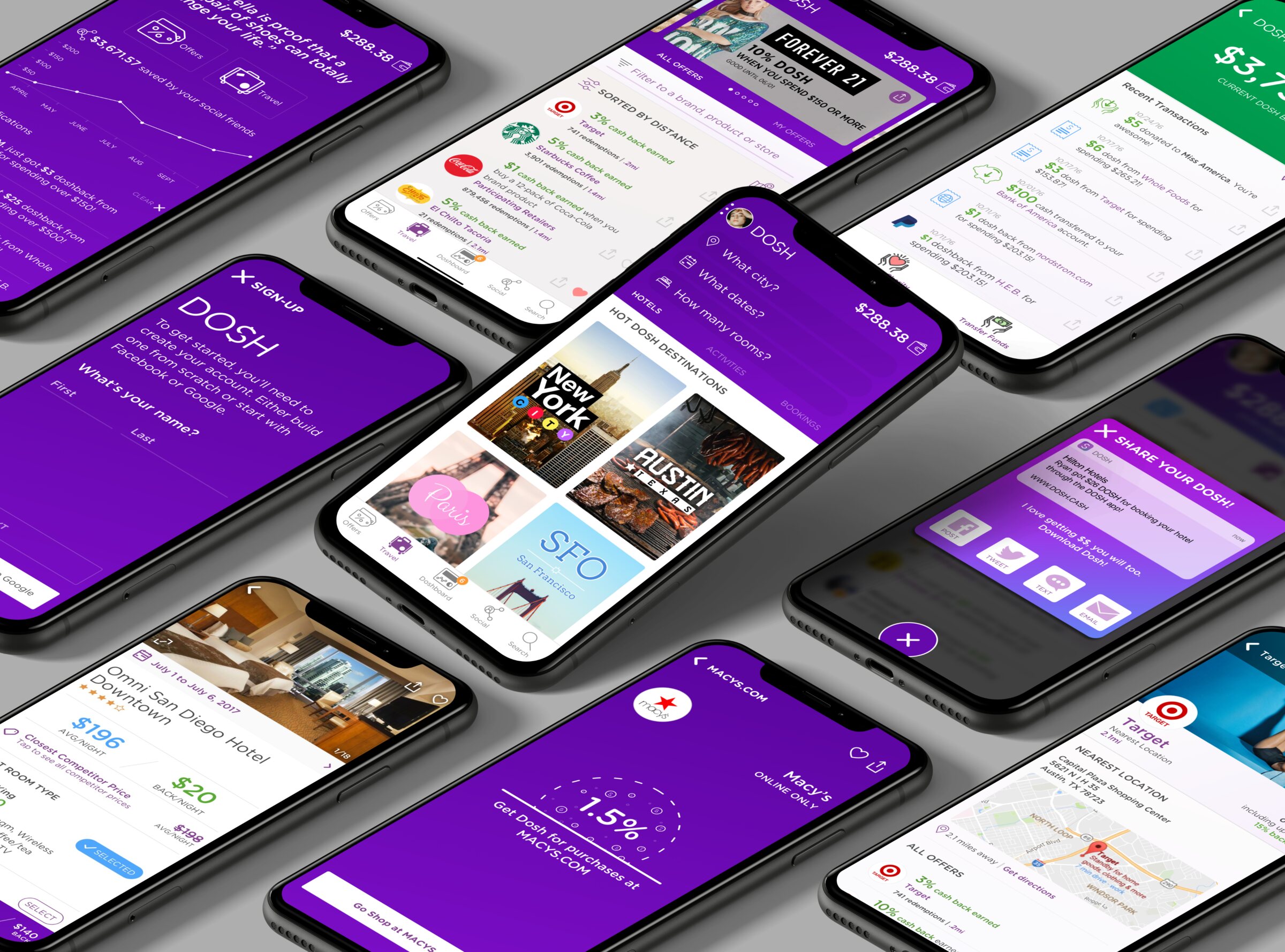Dozens of Dosh screens on phones laid out in rows: the purple dashboard, offers, DoshTravel city cards, onboarding and a doshback ring