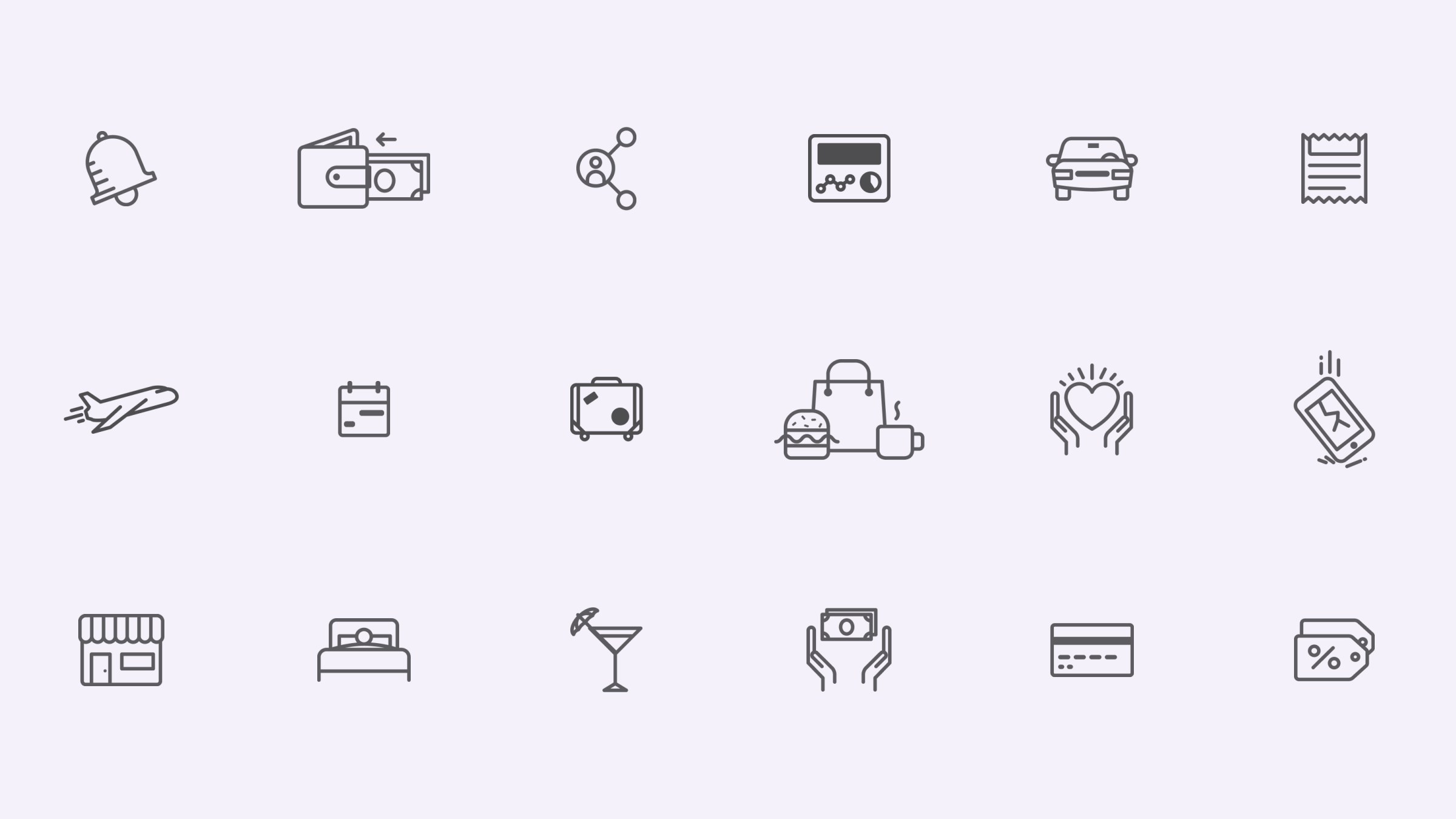 Eighteen custom Dosh line icons: a bell, a wallet taking cash, sharing, a dashboard, a car, a receipt, a plane, a calendar, a suitcase, shopping and food, hands holding a heart, a dropped phone, a storefront, a bed, a cocktail, hands holding cash, a card and a price tag