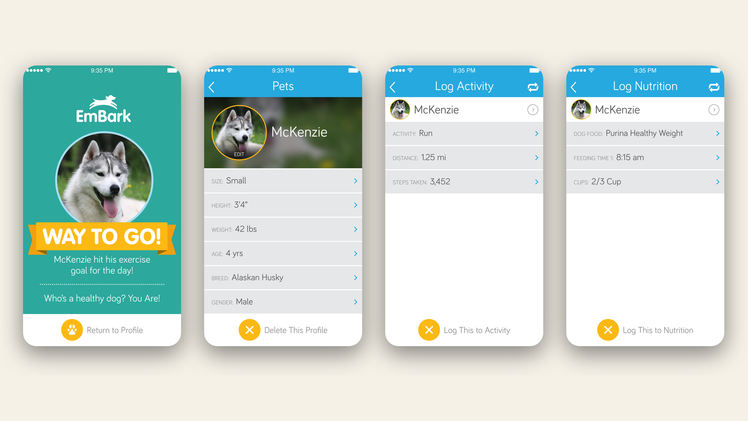 Four iPhone screens of Embark: a goal reached message, a pet profile, and forms to log activity and nutrition.