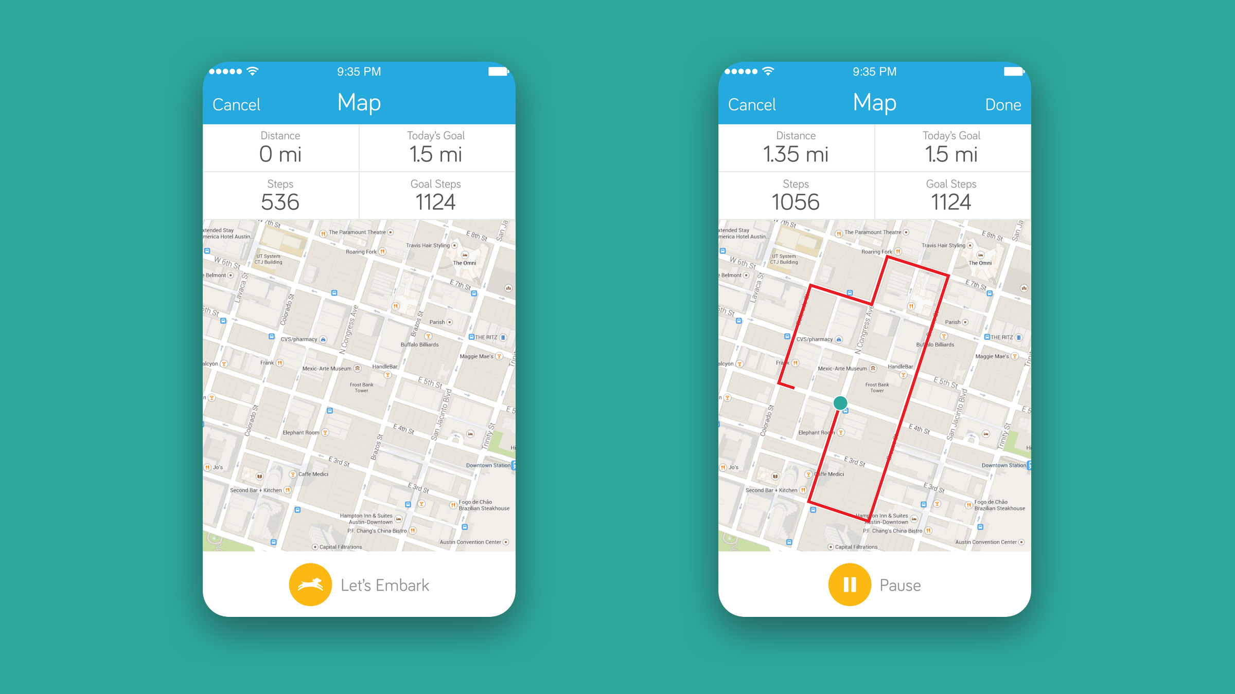 Two iPhone screens of Embark showing a street map, one before a walk and one with the route traced in red.