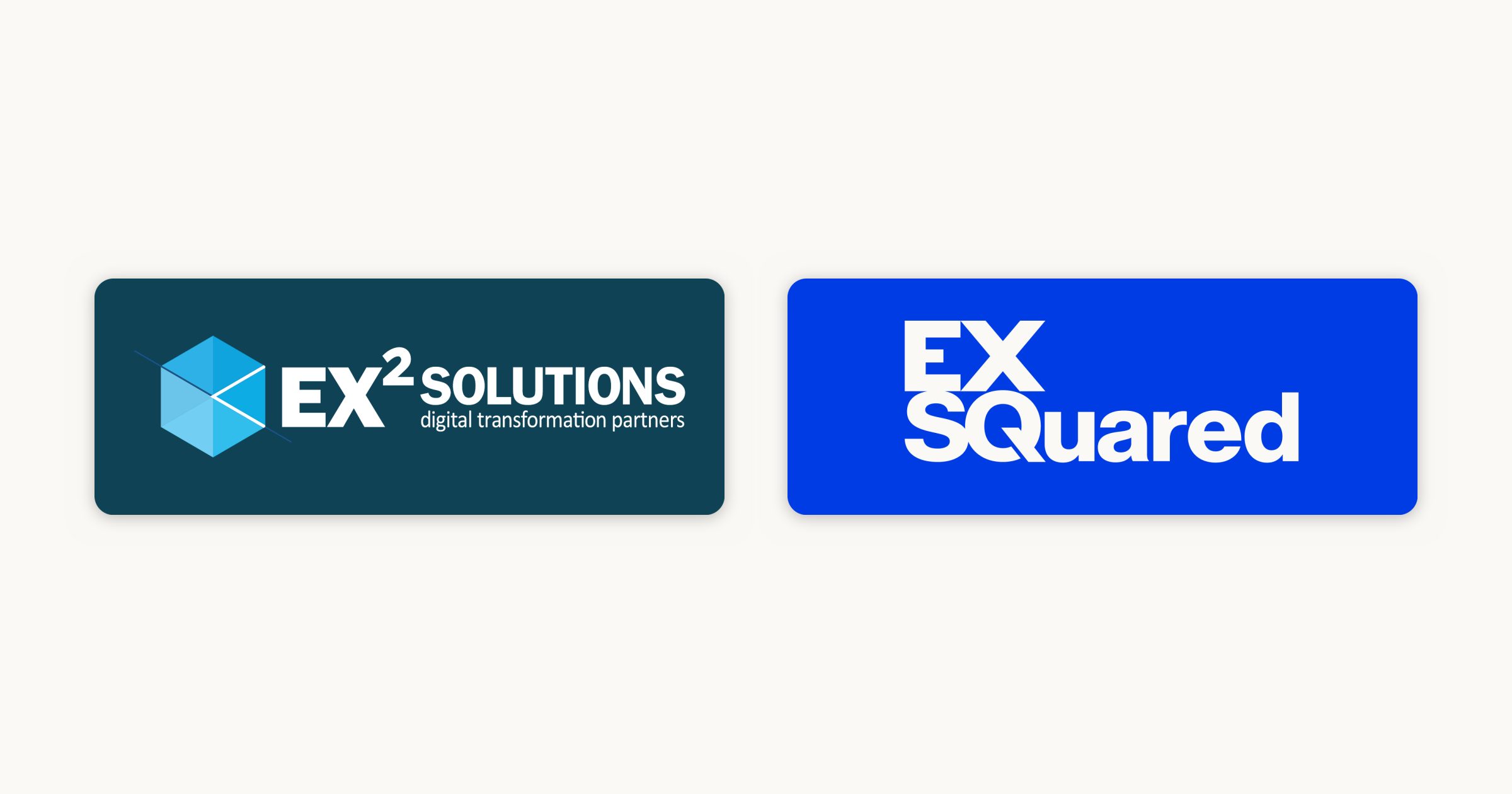 The original EX2 Solutions logo, a blue cube with white letters on dark teal, beside the new EXSquared wordmark in off-white on True Blue