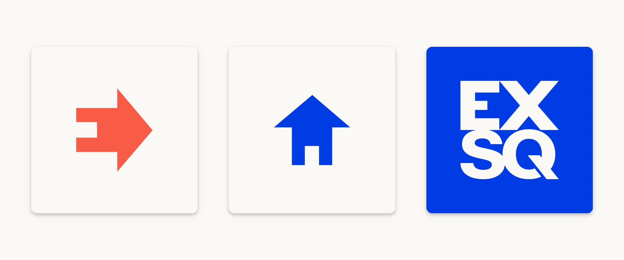 Three squares: a Tangerine arrow cut from the letter E, a True Blue house, and the EXSQ mark in off-white on True Blue