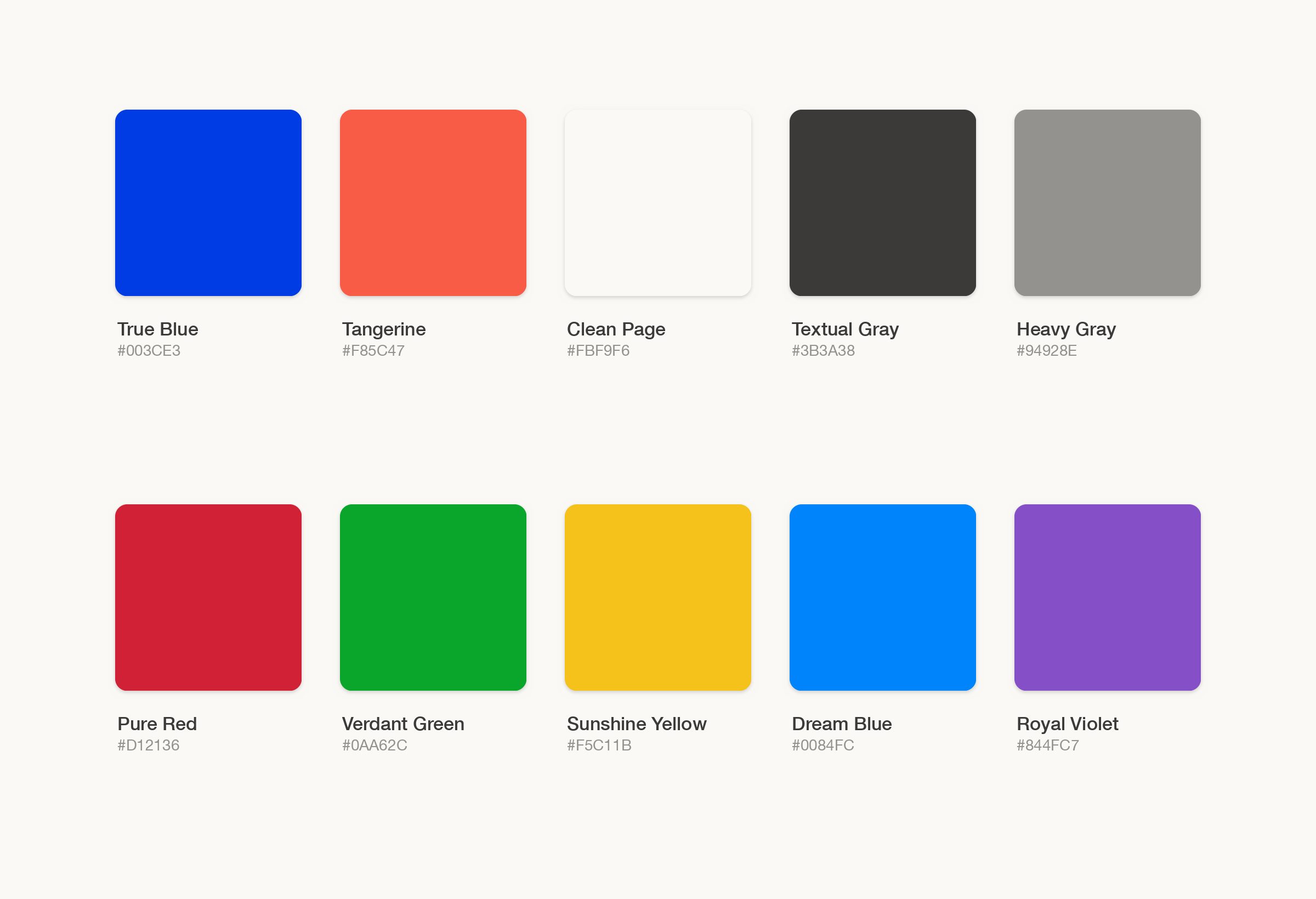 Ten color swatches with their names and hex values: True Blue, Tangerine, Clean Page, Textual Gray and Heavy Gray above Pure Red, Verdant Green, Sunshine Yellow, Dream Blue and Royal Violet