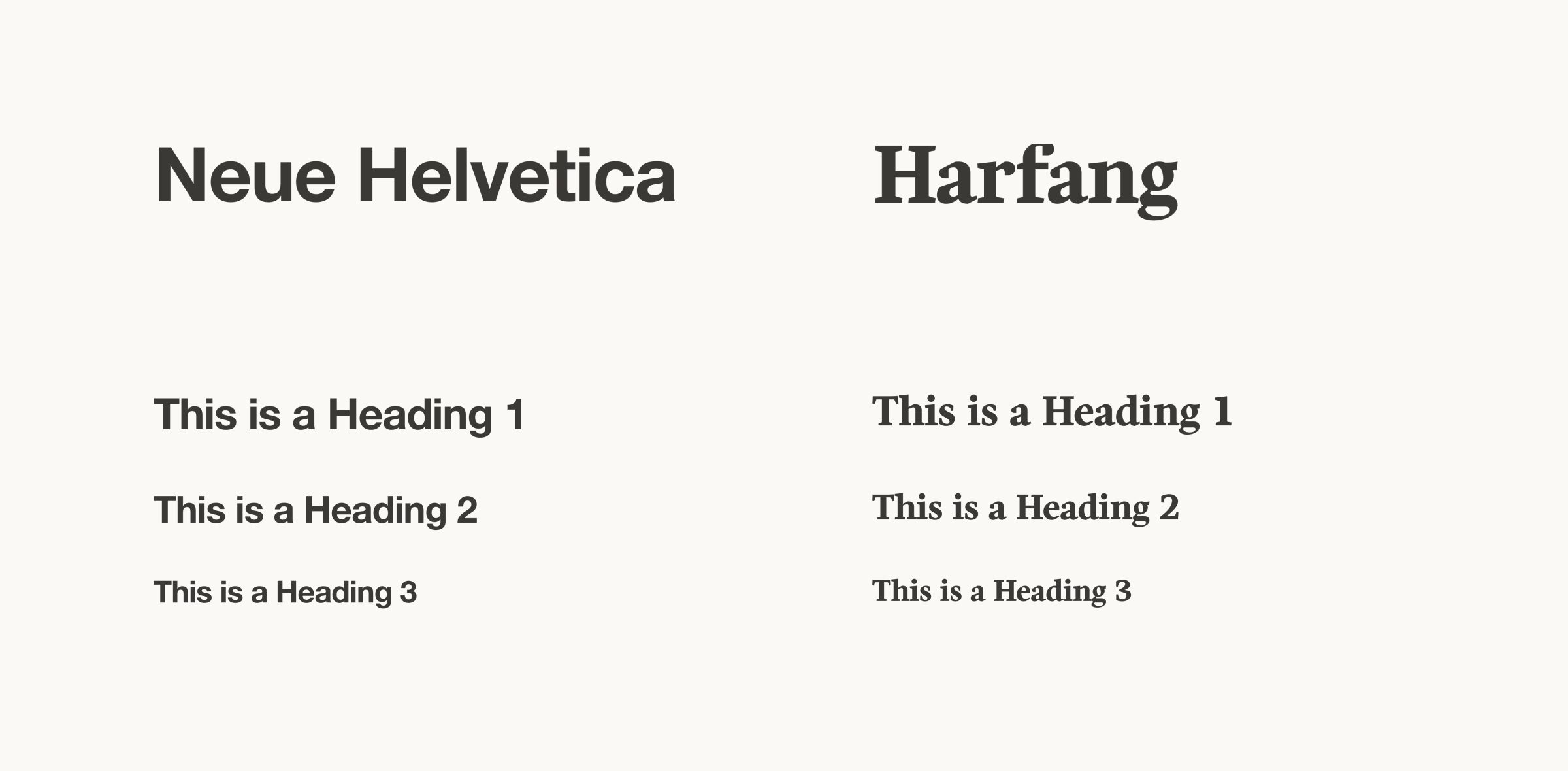 The two typefaces: Neue Helvetica and Harfang, each with its first three headings