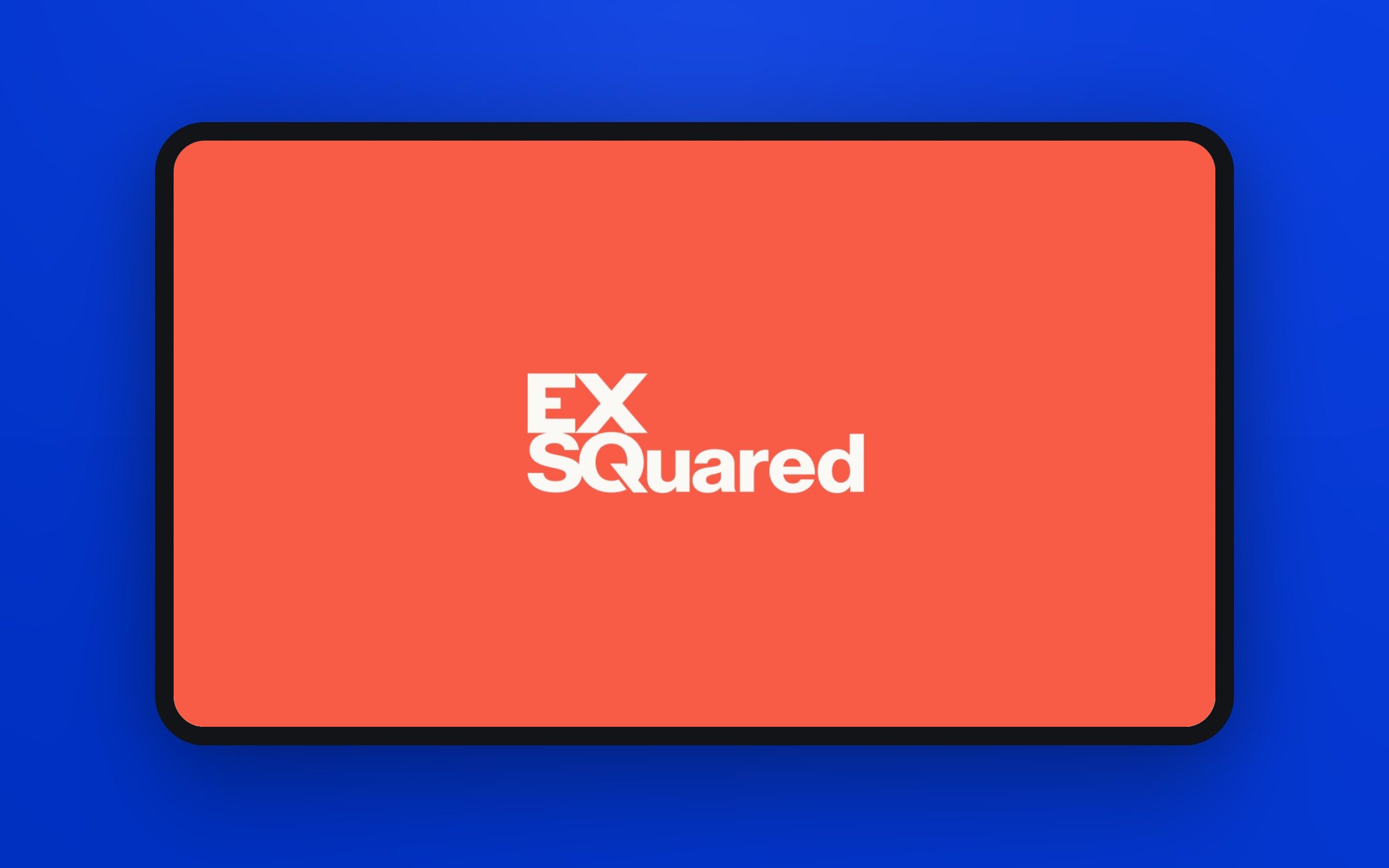 The EXSquared homepage prototype on a display: the orange intro builds the wordmark, the page comes in with the global digital experience company, then the Coca-Cola, Lennar Homes and Crate & Barrel case studies, the numbers rolling up (821 people, 20 years in business, 583 completed projects, 7m monthly users, 354 happy customers, 14 Fortune 500 clients), what we do, the client logos and the footer
